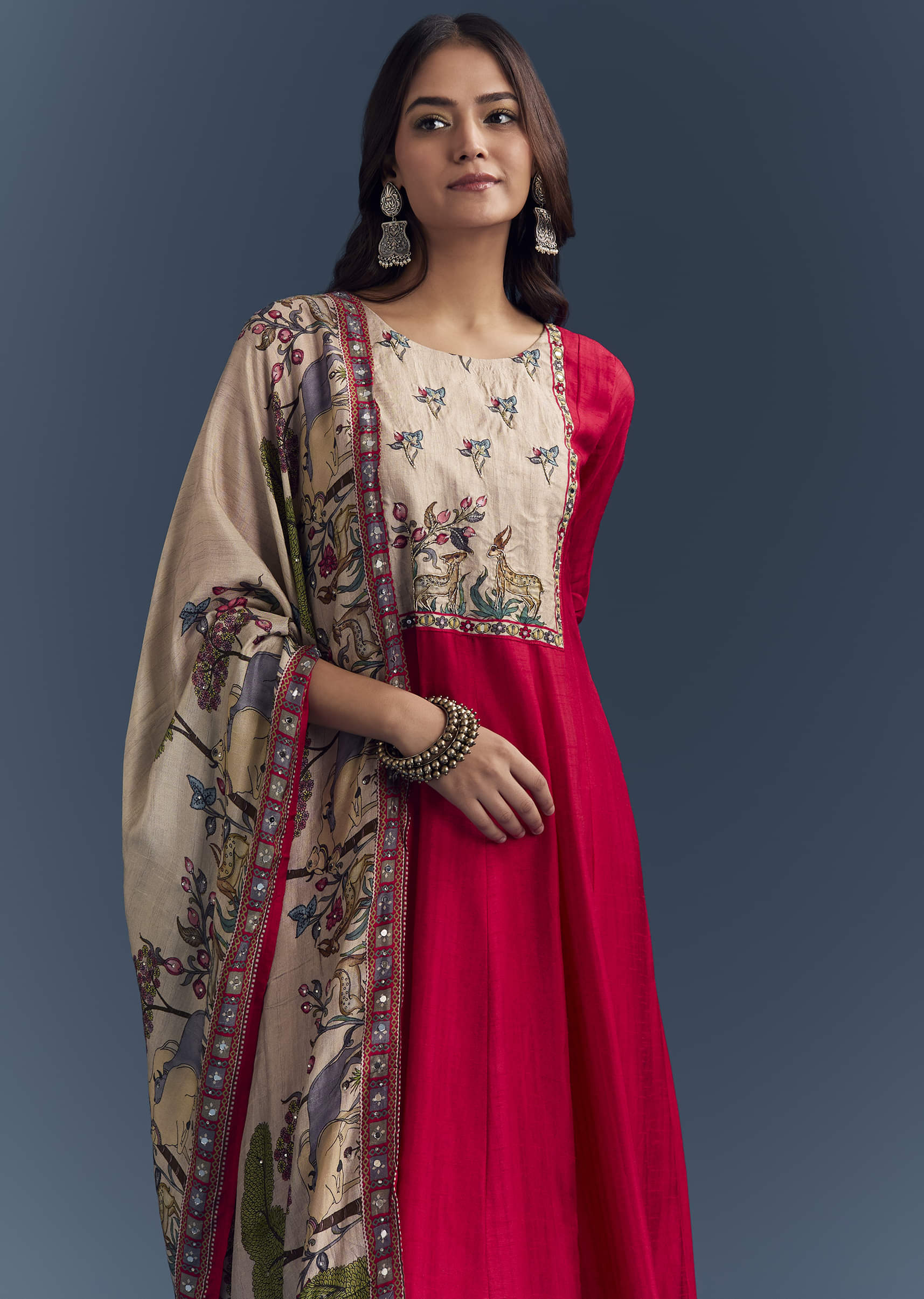 Red Dola Silk Printed Anarkali Suit With Intricate Hand Embroidery - Image 4