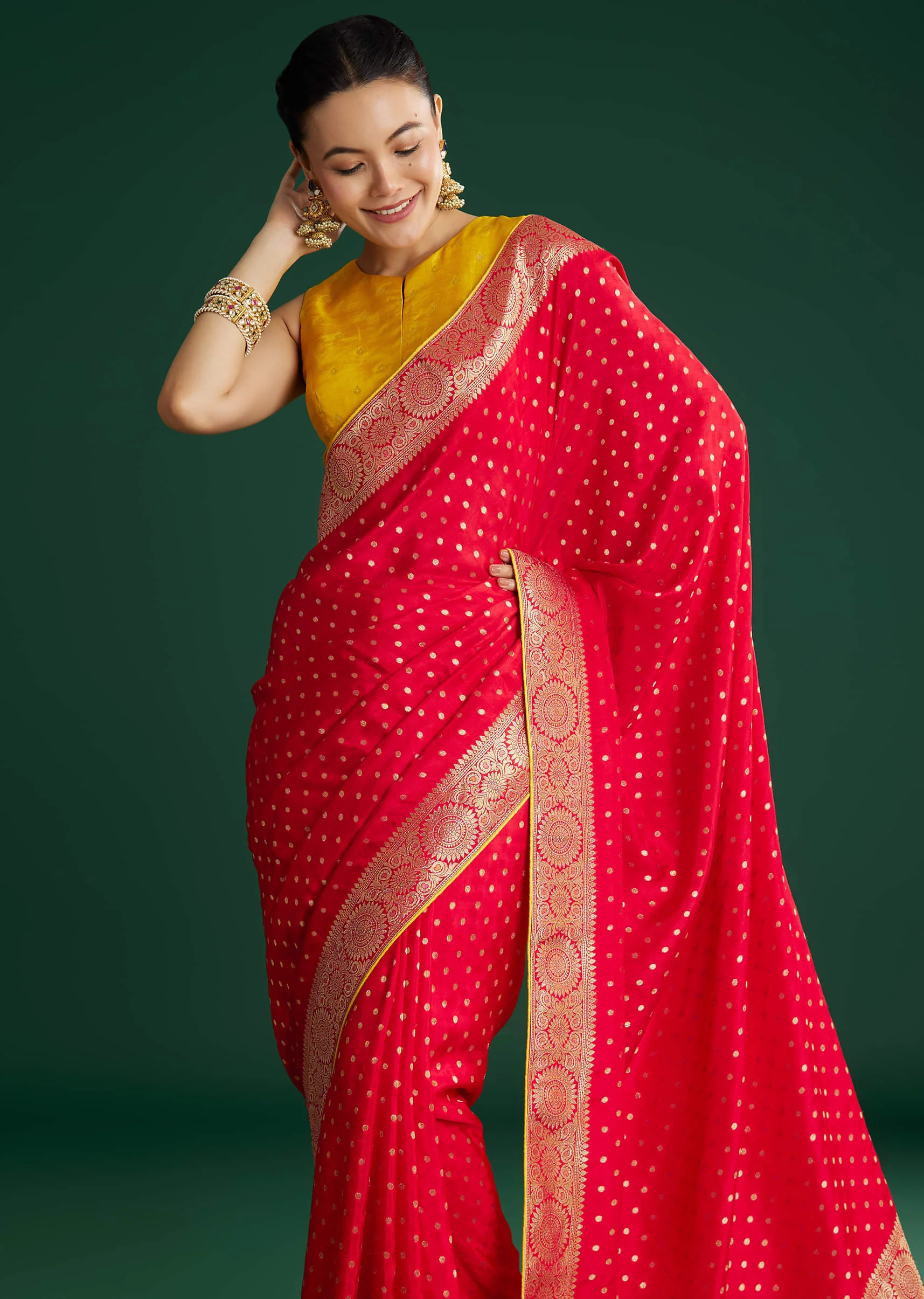 Red Dola Silk Saree With Butti And Floral Woven Border - Image 2