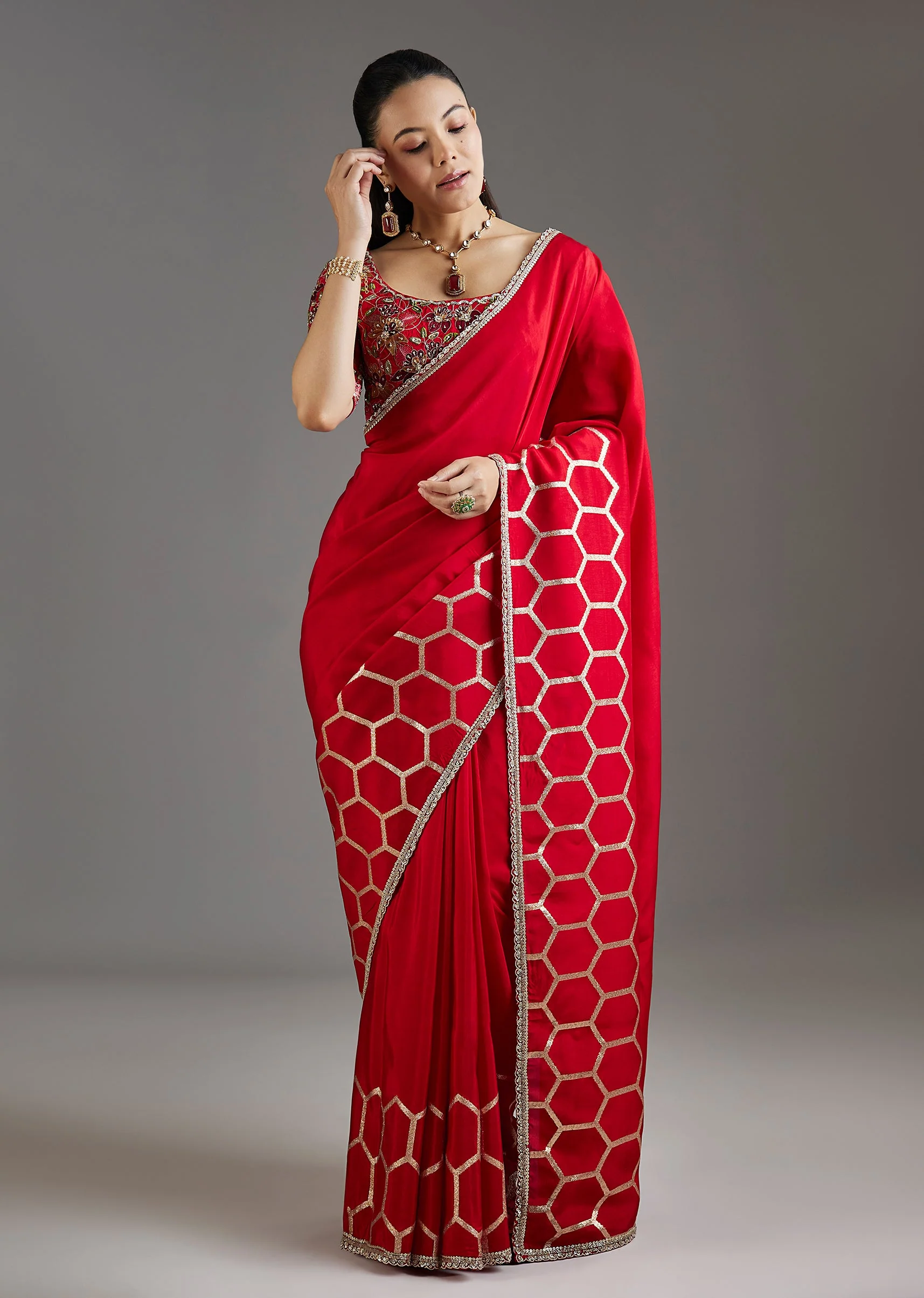 Red Dola Silk Saree With Ready Stitched Blouse - Image 3