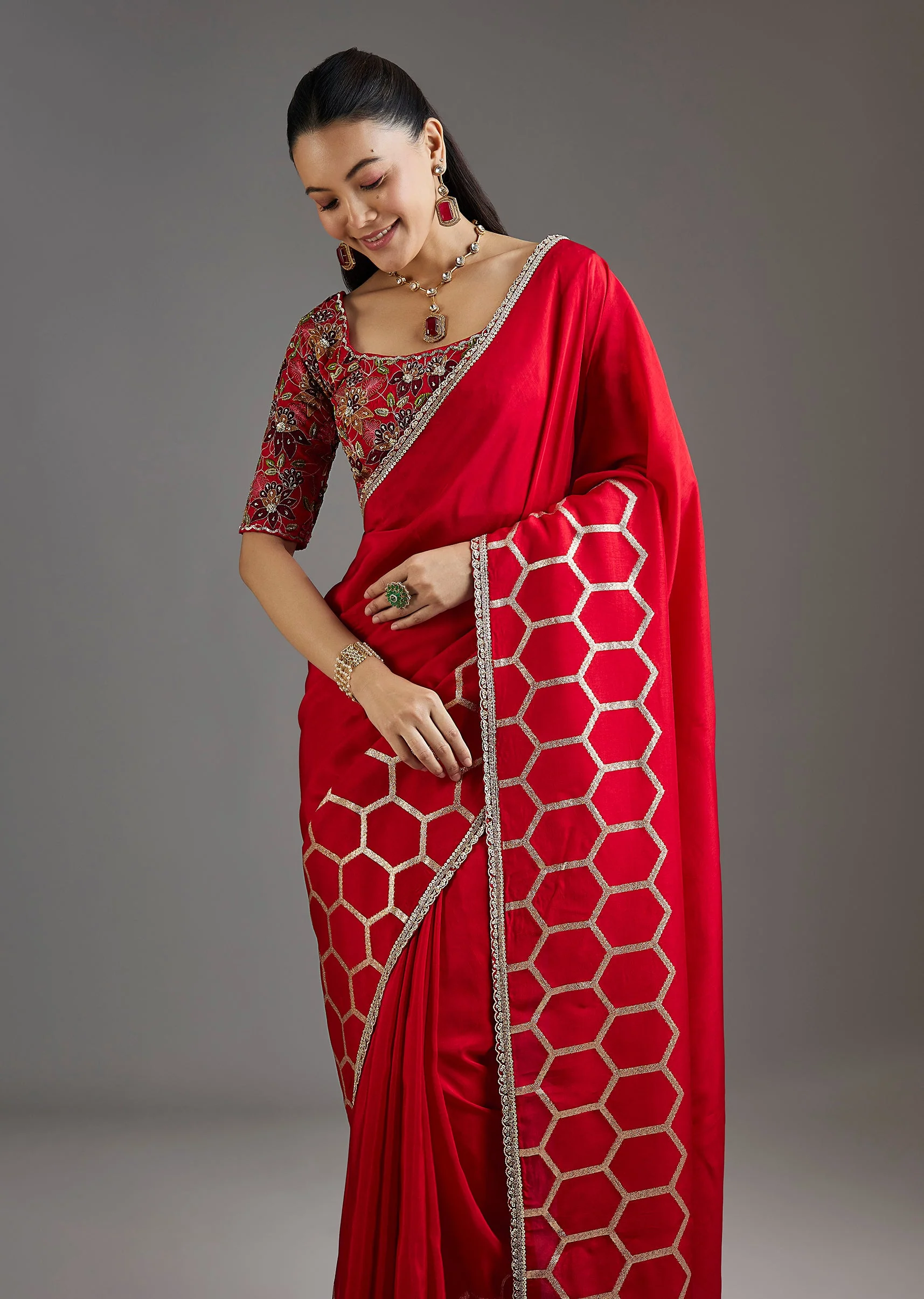 Red Dola Silk Saree With Ready Stitched Blouse - Image 5