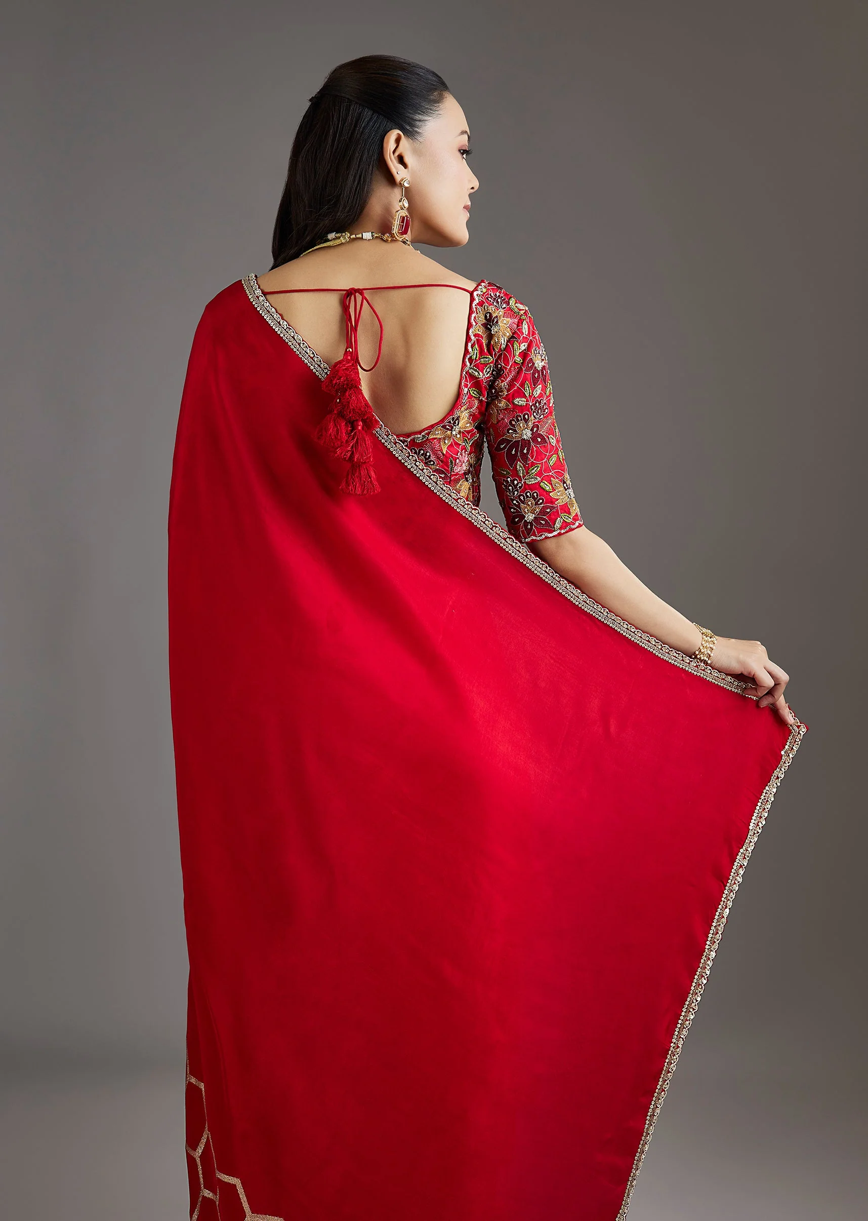 Red Dola Silk Saree With Ready Stitched Blouse - Image 6