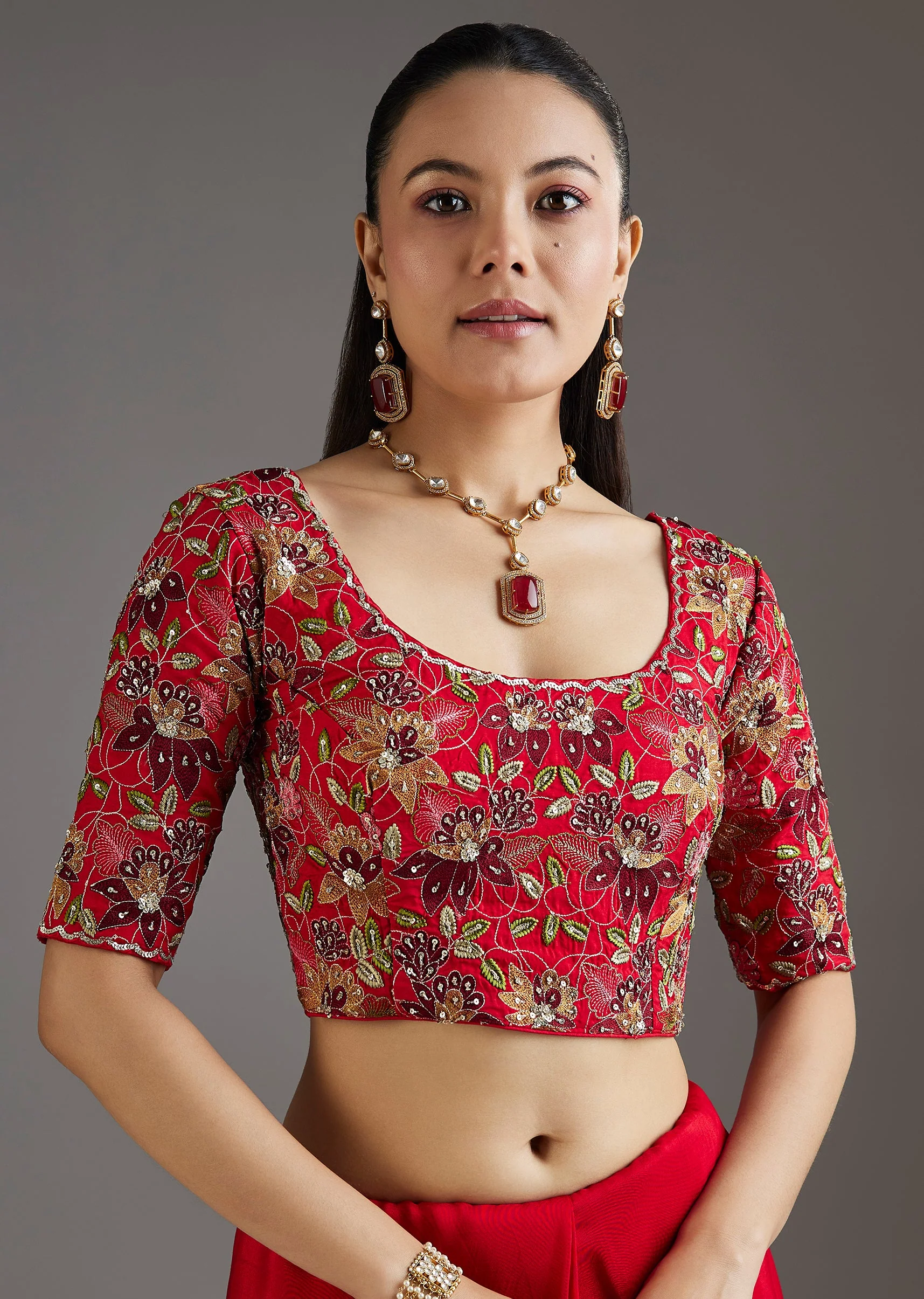 Red Dola Silk Saree With Ready Stitched Blouse - Image 7