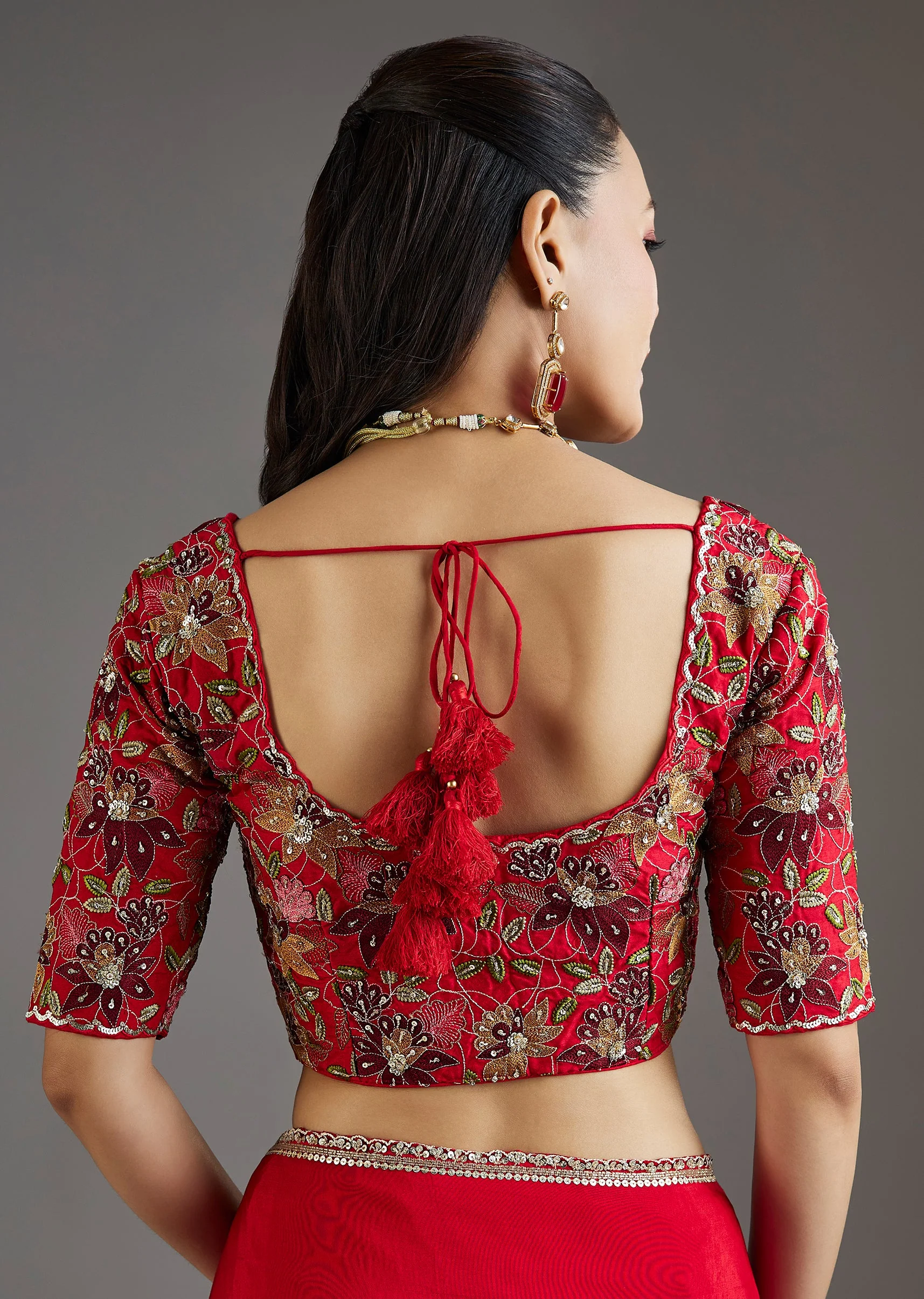 Red Dola Silk Saree With Ready Stitched Blouse - Image 8