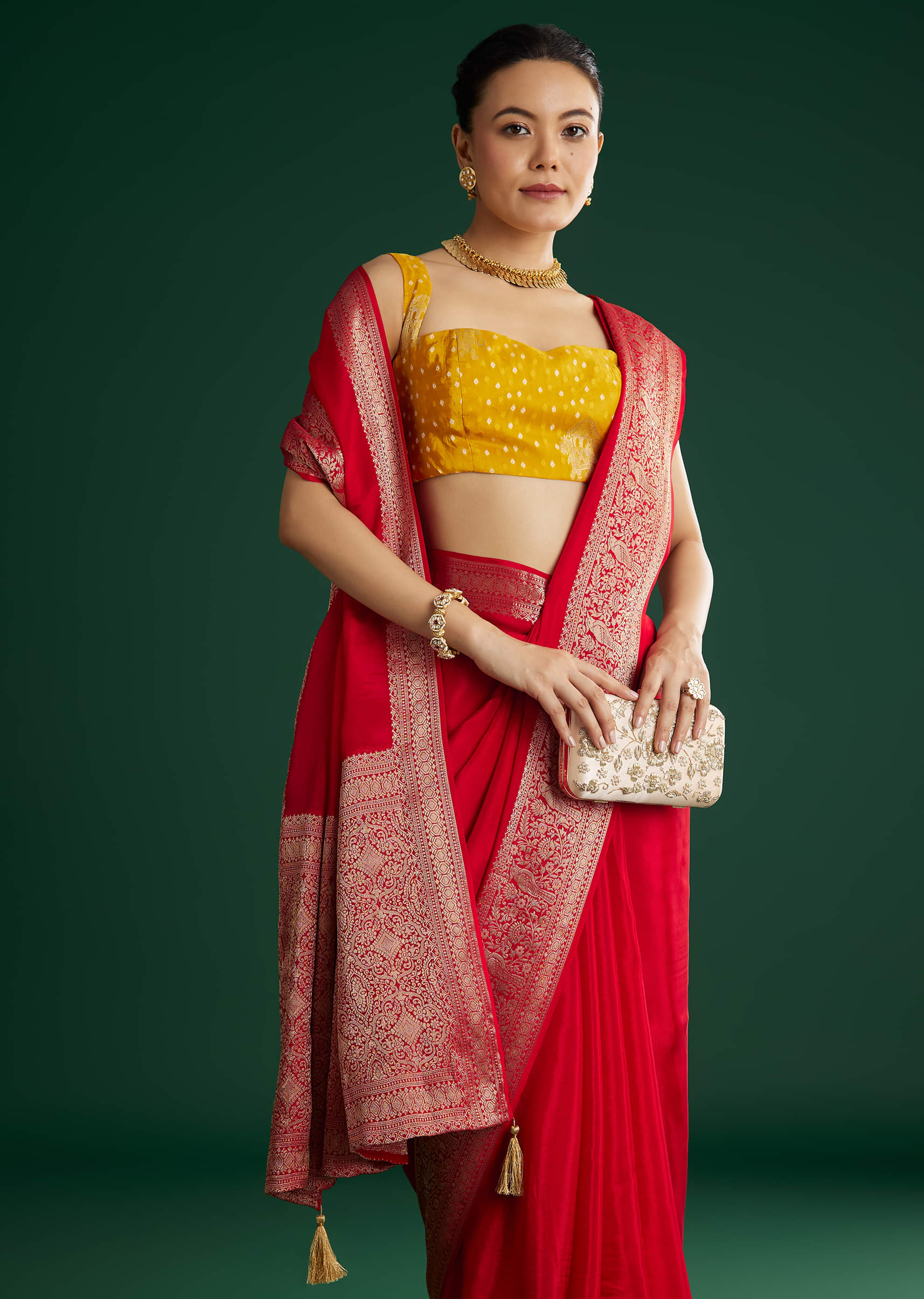 Red Dola Silk Saree With Woven Border And Pallu - Image 2