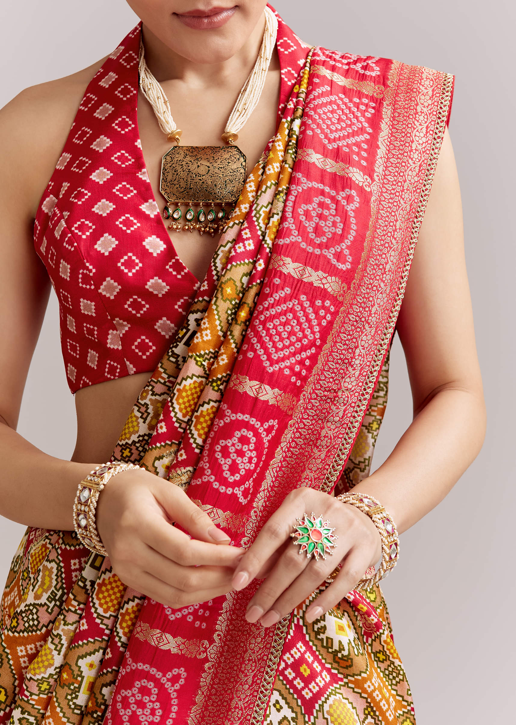 Red Dola Silk Woven Bandhani Saree With Gotapatti Detailing - Image 2