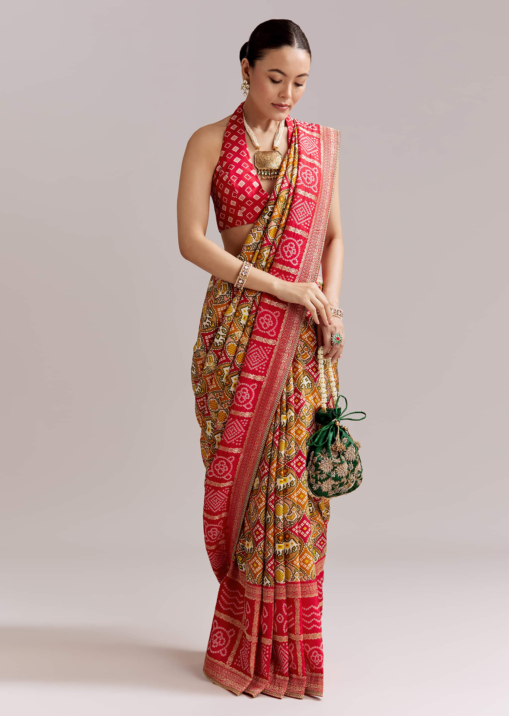 Red Dola Silk Woven Bandhani Saree With Gotapatti Detailing - Image 3