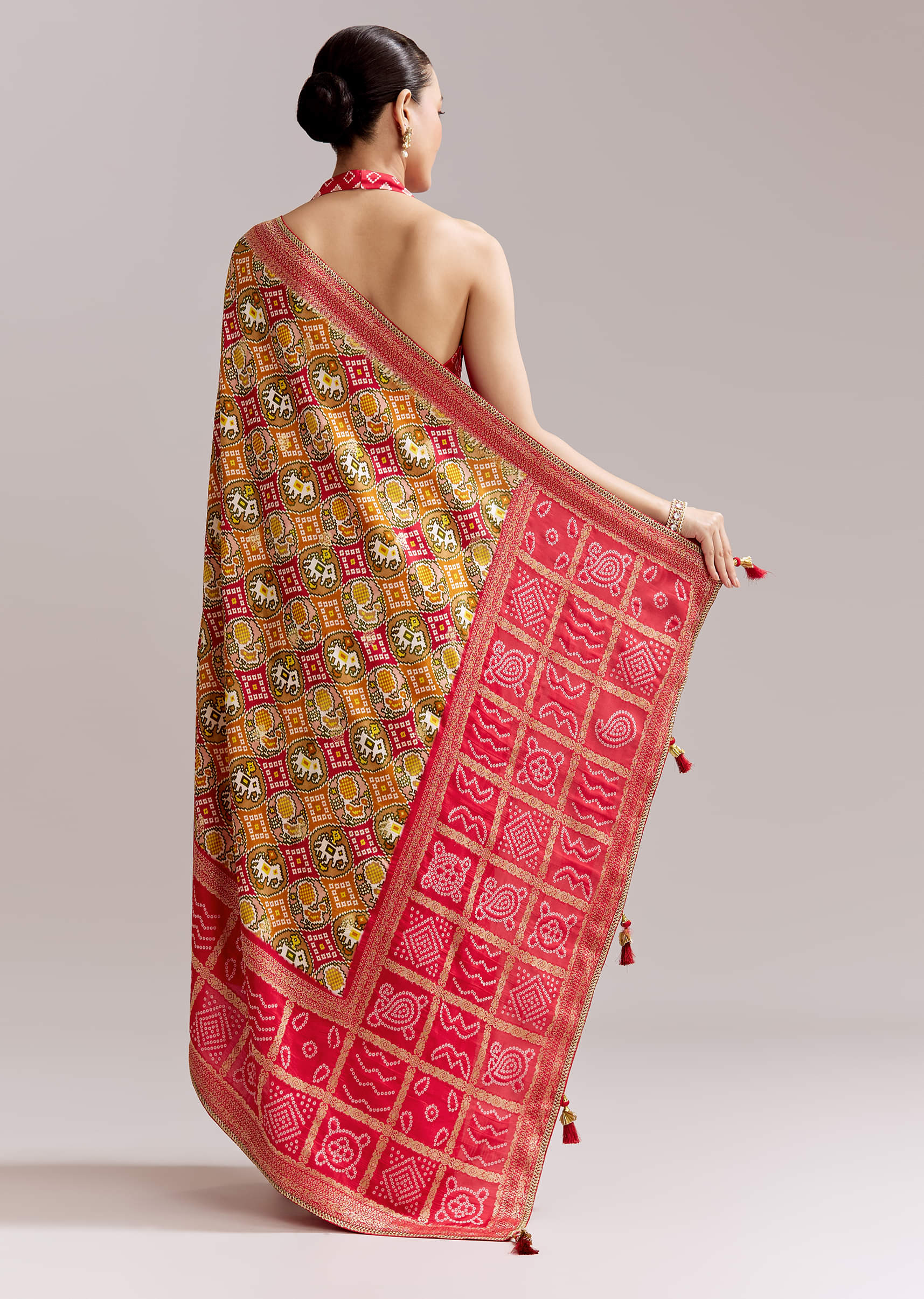 Red Dola Silk Woven Bandhani Saree With Gotapatti Detailing - Image 4