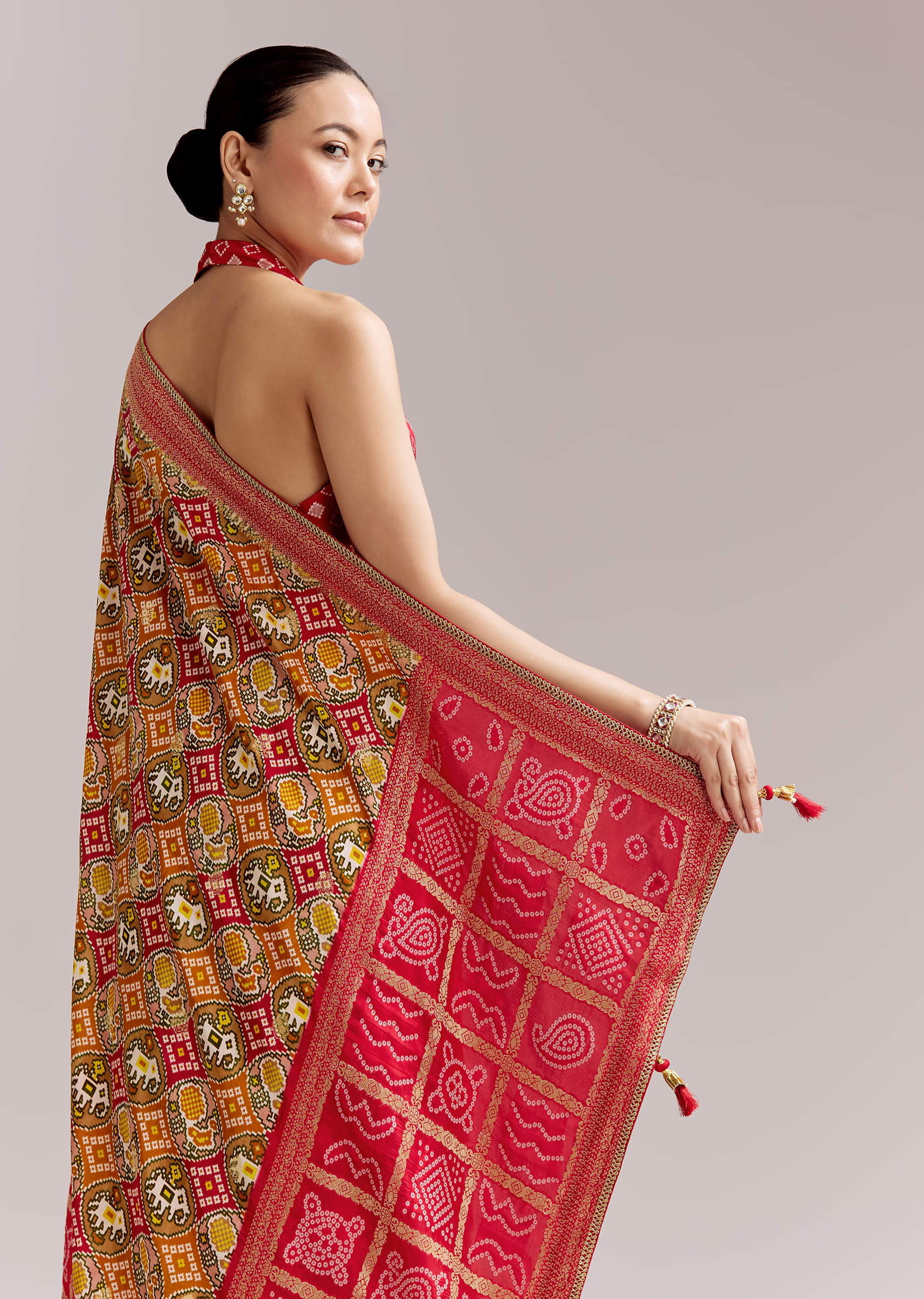 Red Dola Silk Woven Bandhani Saree With Gotapatti Detailing - Image 6