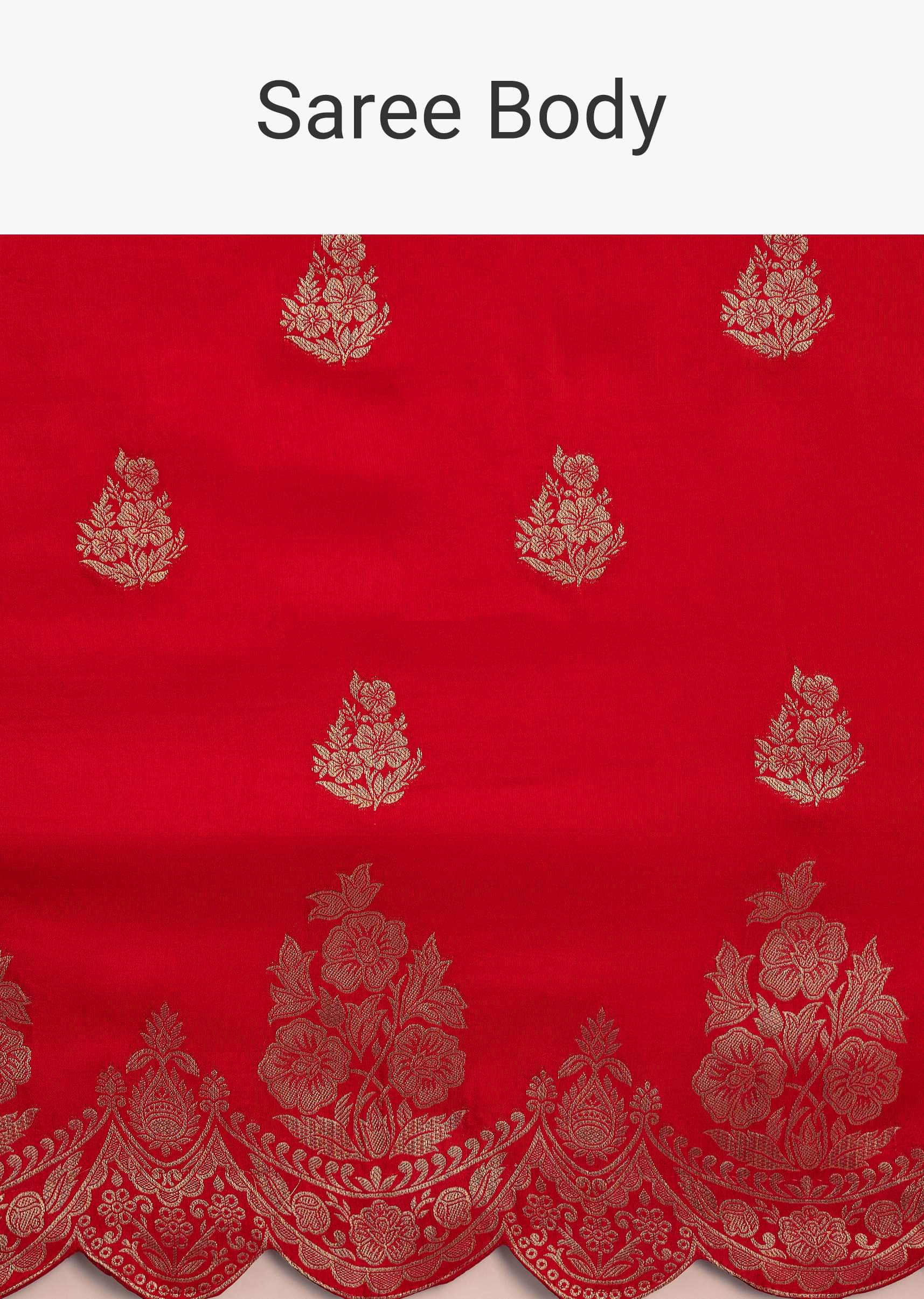 Red Dola Silk Woven Motif Saree With Scallop Border - Image 9