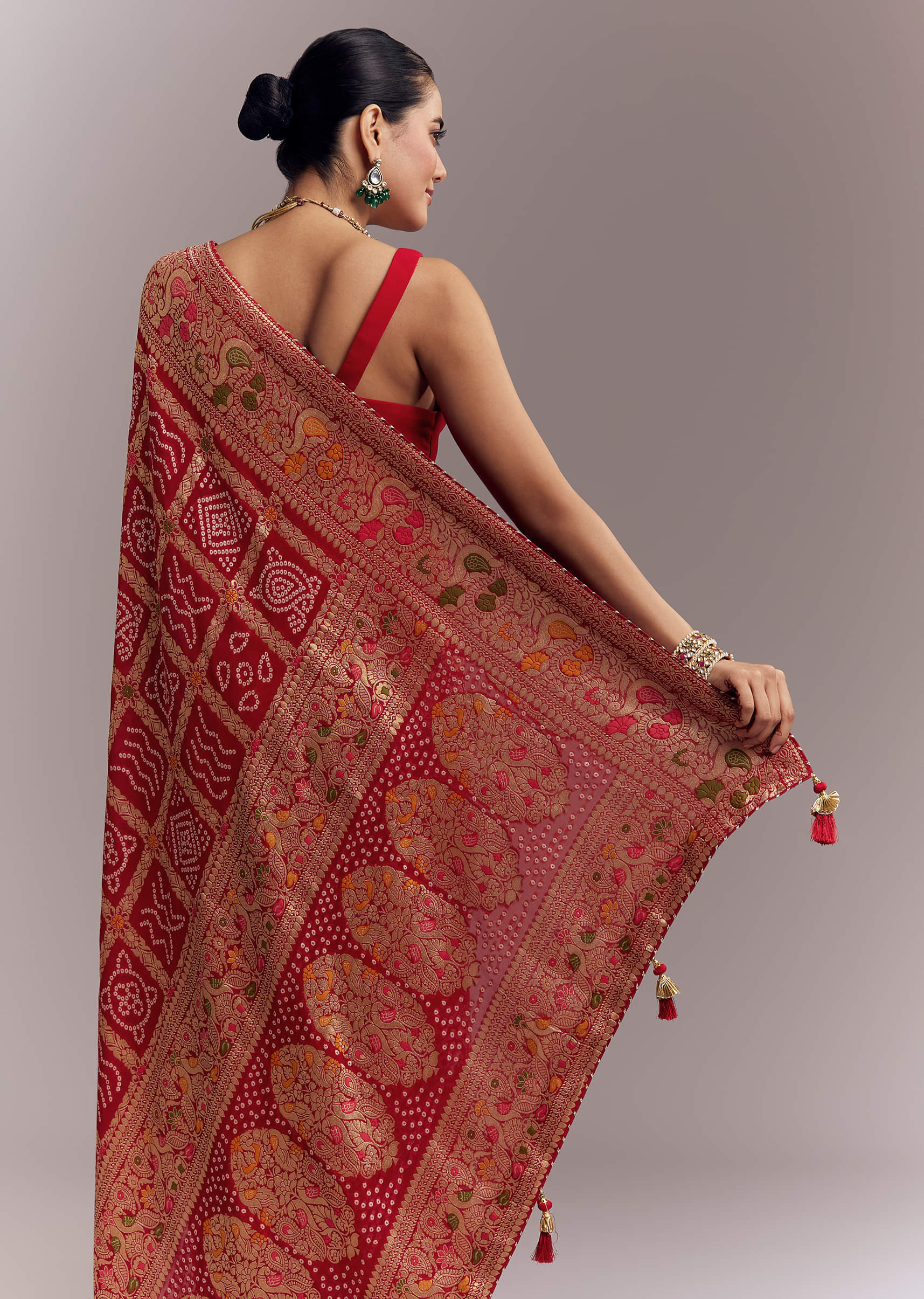 Red Dola Silk Woven Saree With Bandhani And Floral Work - Image 6
