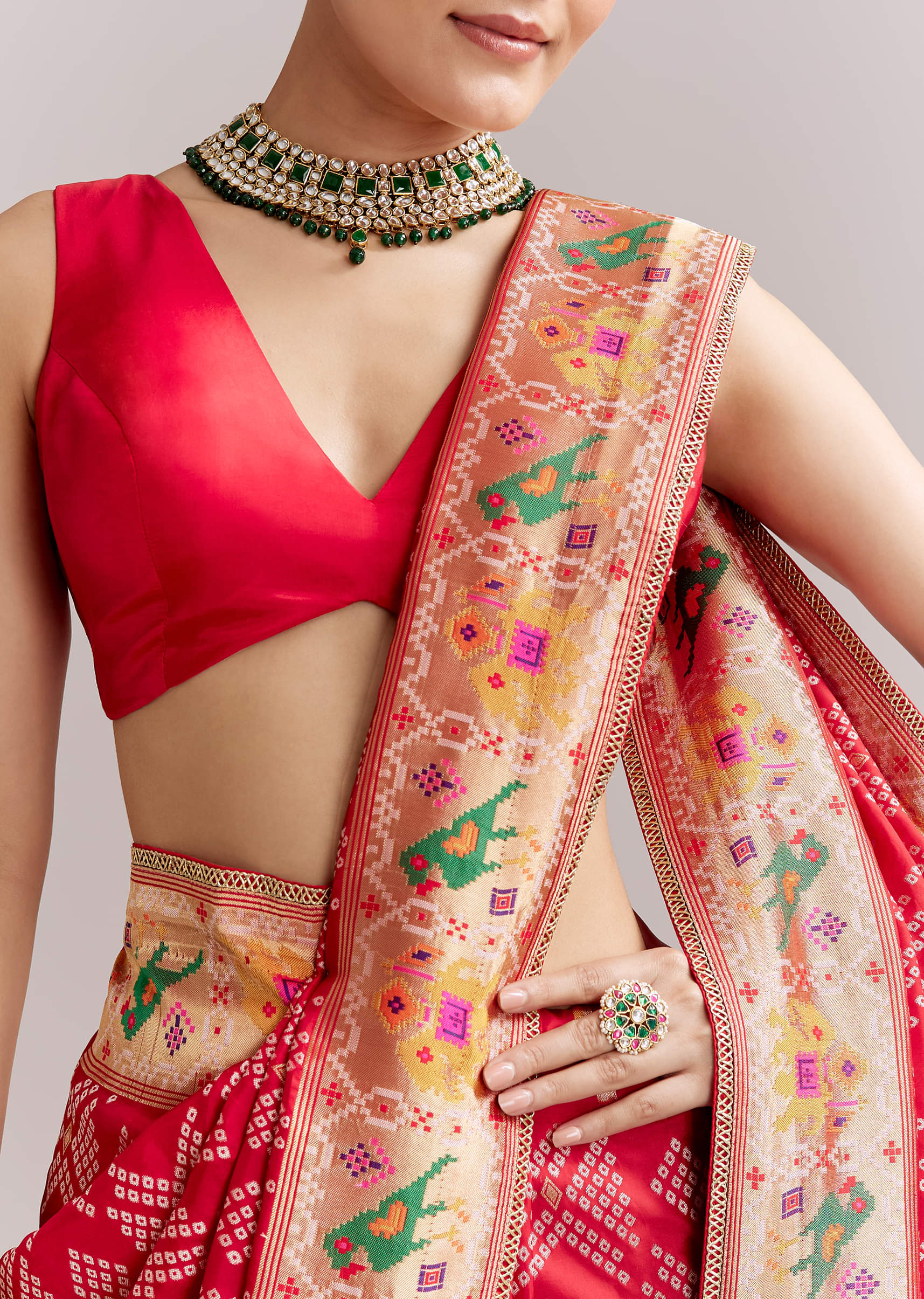 Red Dola Silk Woven Saree With Bandhani Motifs And Zari Border - Image 2