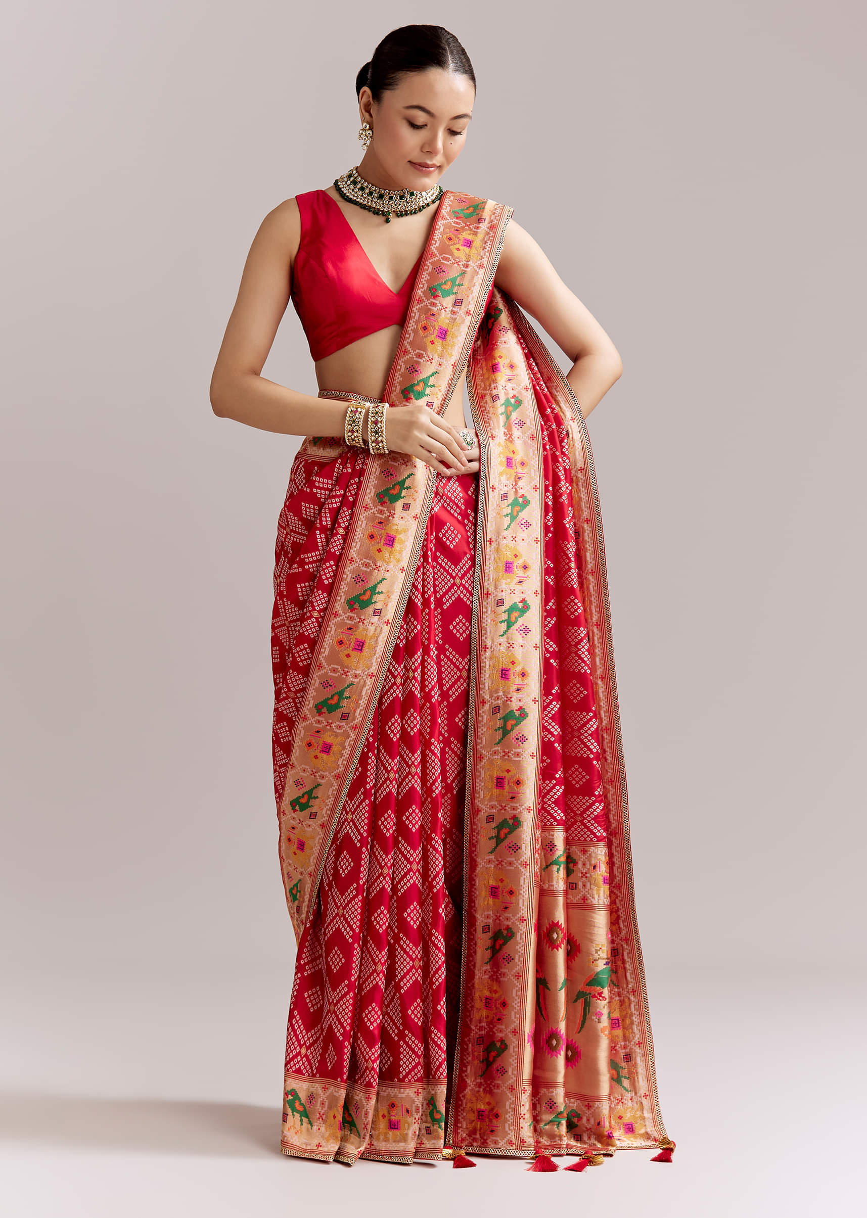 Red Dola Silk Woven Saree With Bandhani Motifs And Zari Border - Image 3