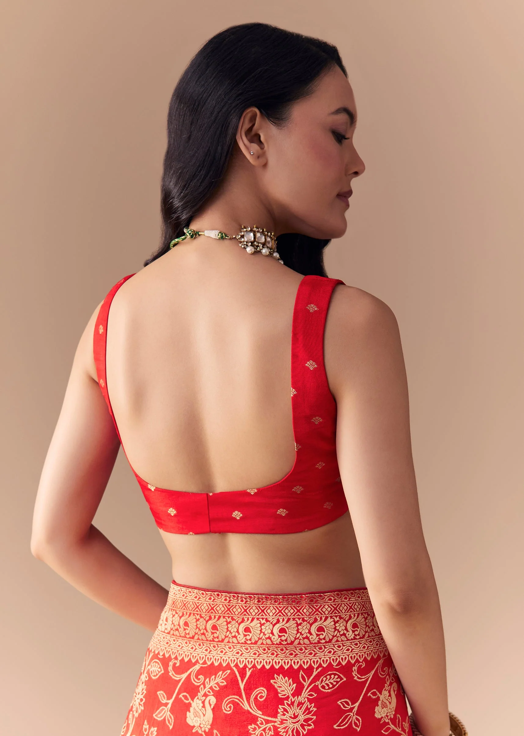 Red Dola Silk Zari Woven Saree with Unstitched Blouse - Image 8