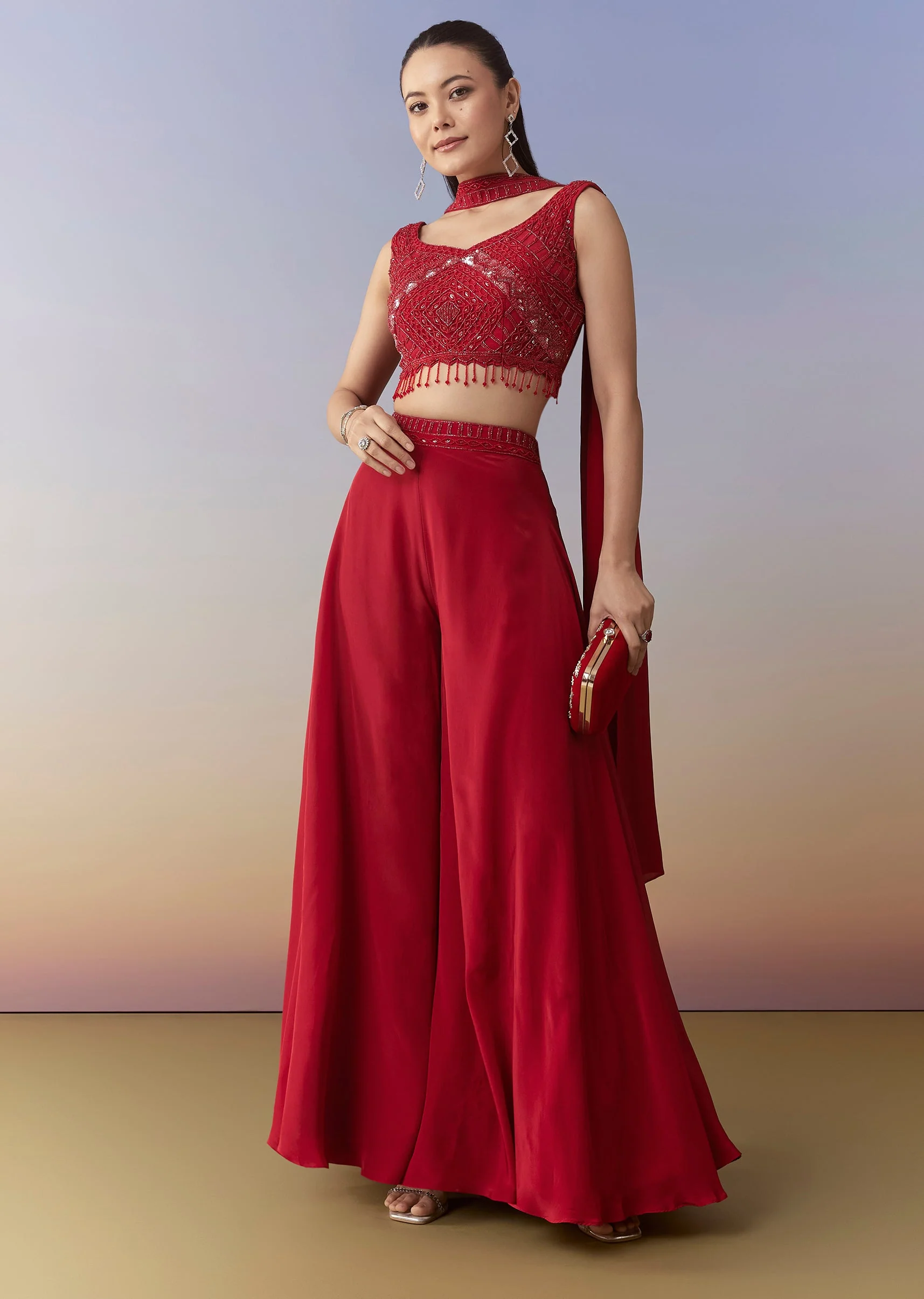Red Embellished Indo Western Crop Top Palazzo Set - Image 3
