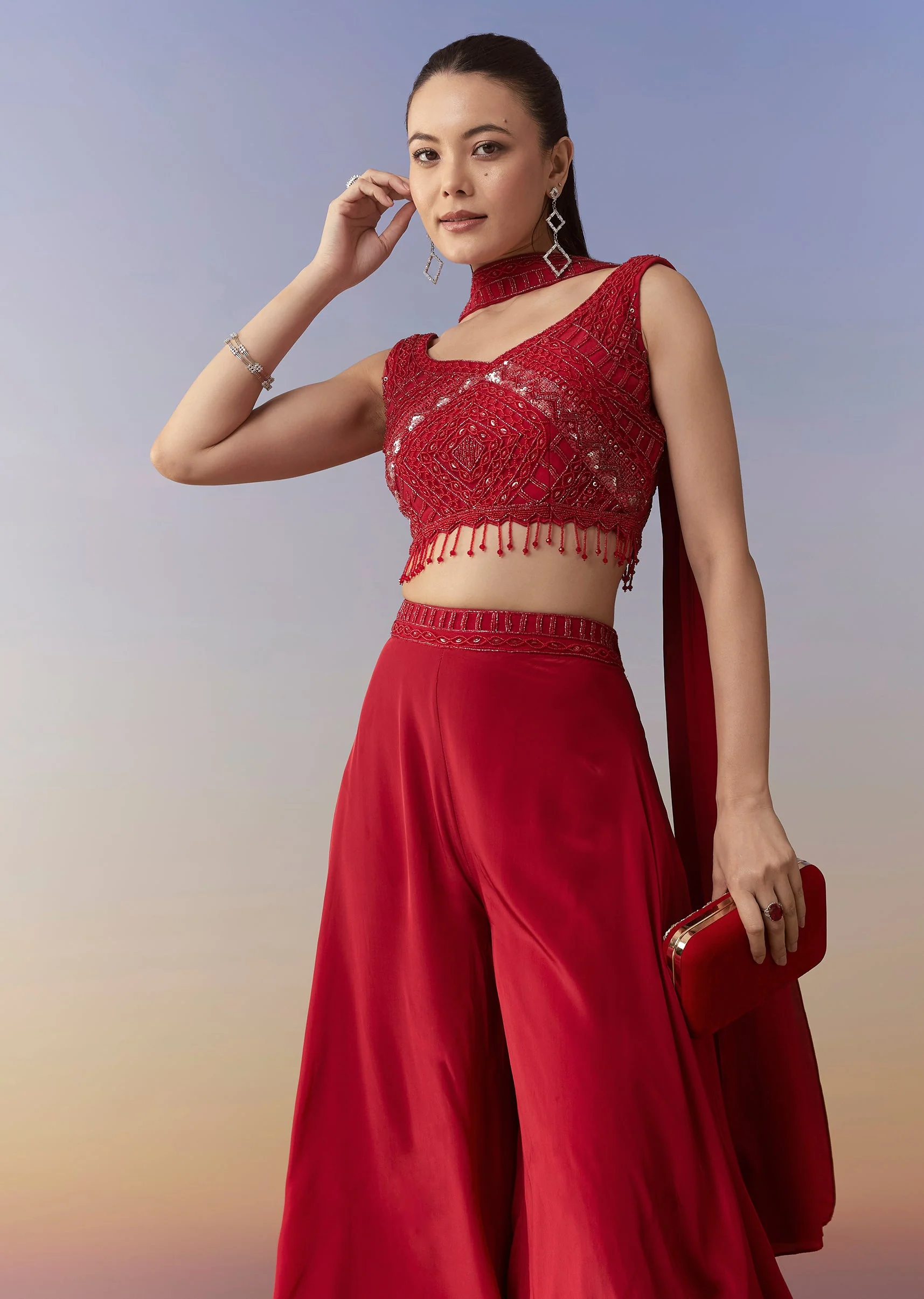 Red Embellished Indo Western Crop Top Palazzo Set - Image 4