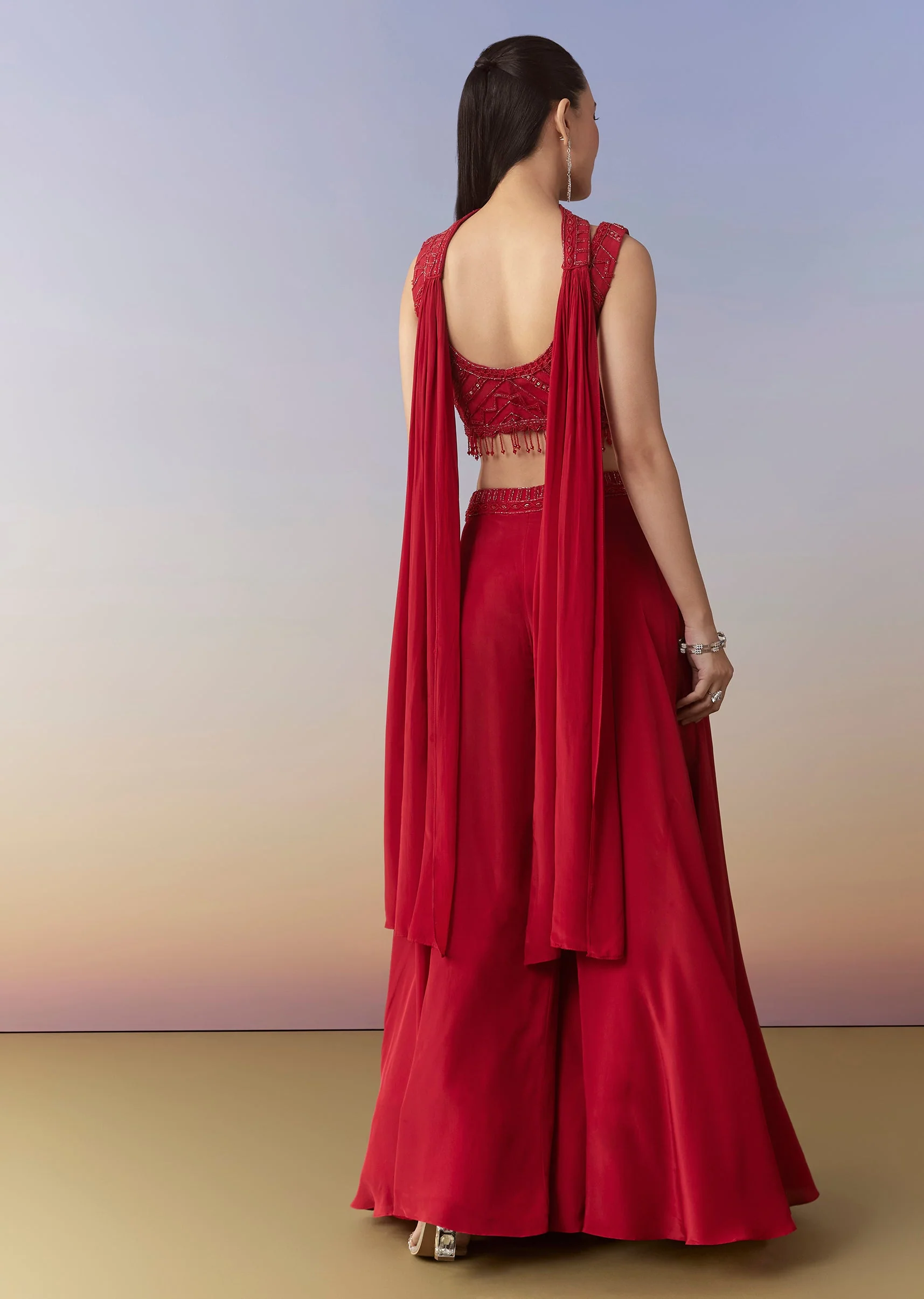 Red Embellished Indo Western Crop Top Palazzo Set - Image 5