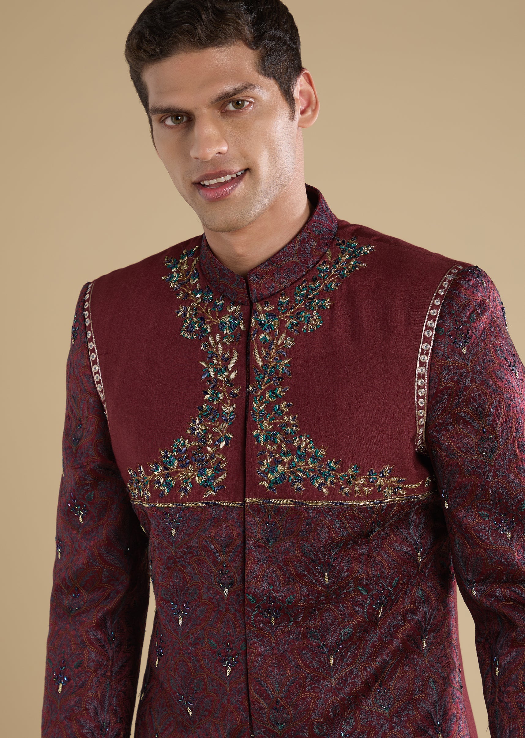 Red Embellished Indo Western Set With Kurta And Pants - Image 2