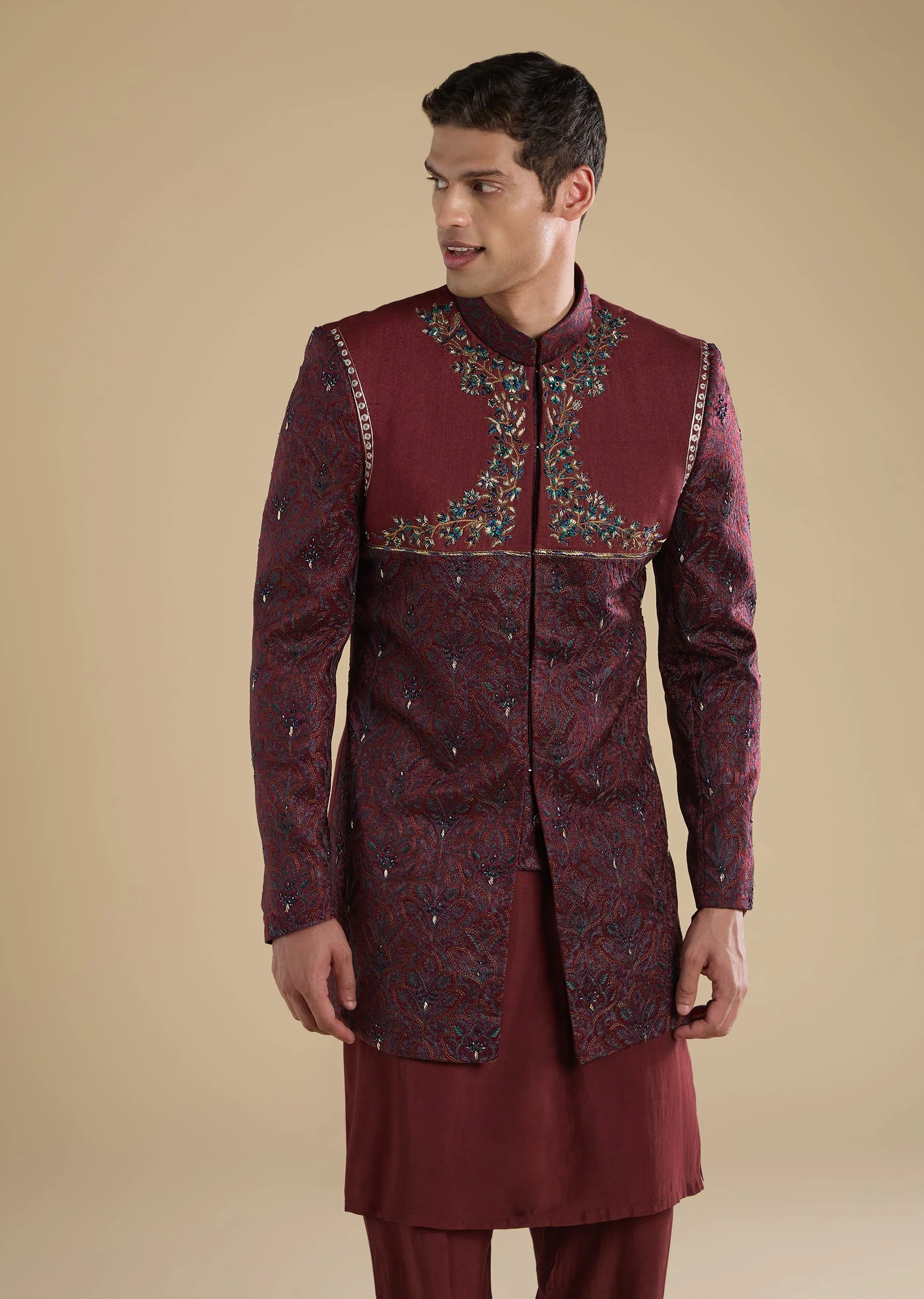Red Embellished Indo Western Set With Kurta And Pants - Image 4
