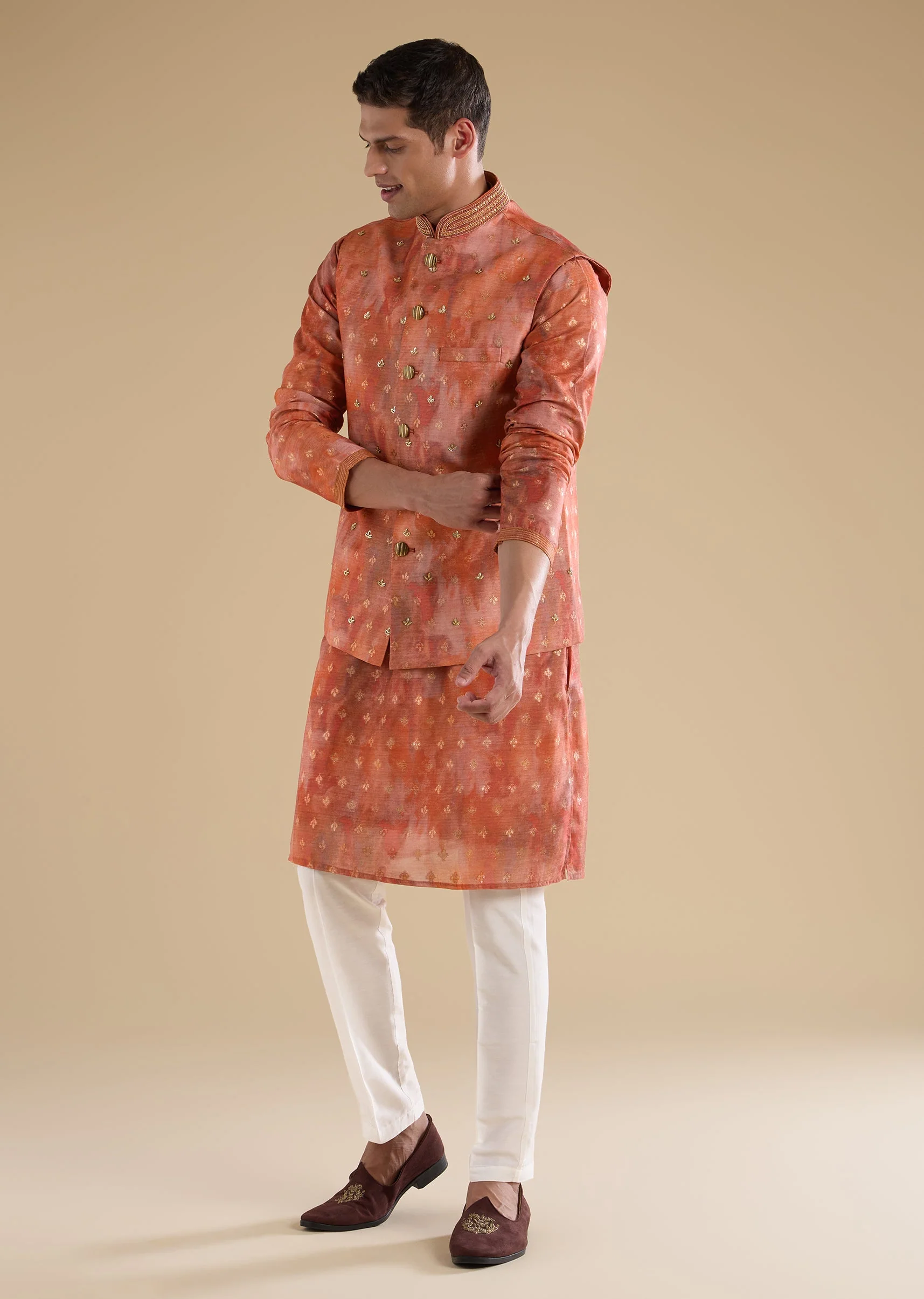 Red Embellished Silk Kurta Jacket Set