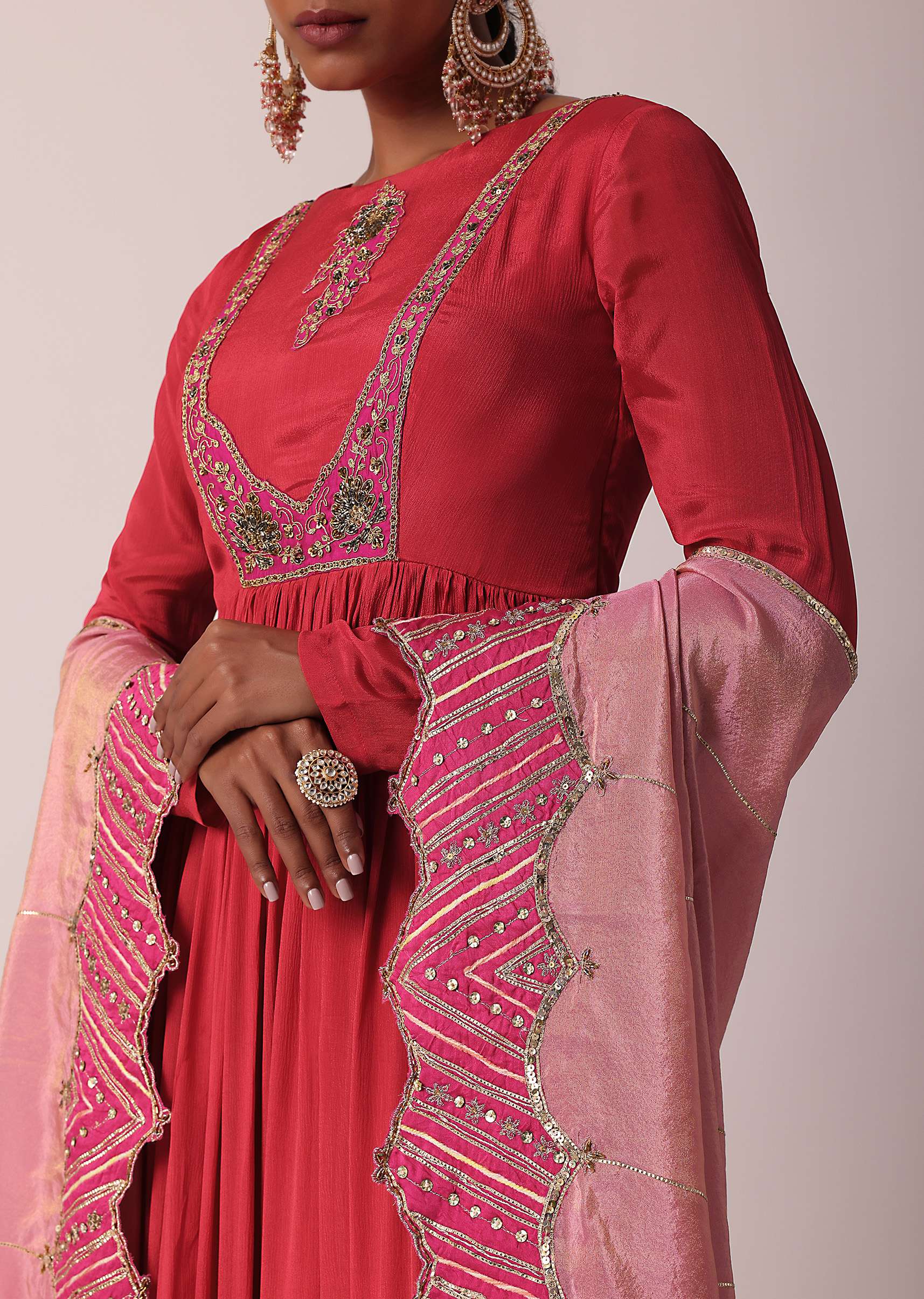 Red Embroidered Anarkali With Tissue Dupatta - Image 2