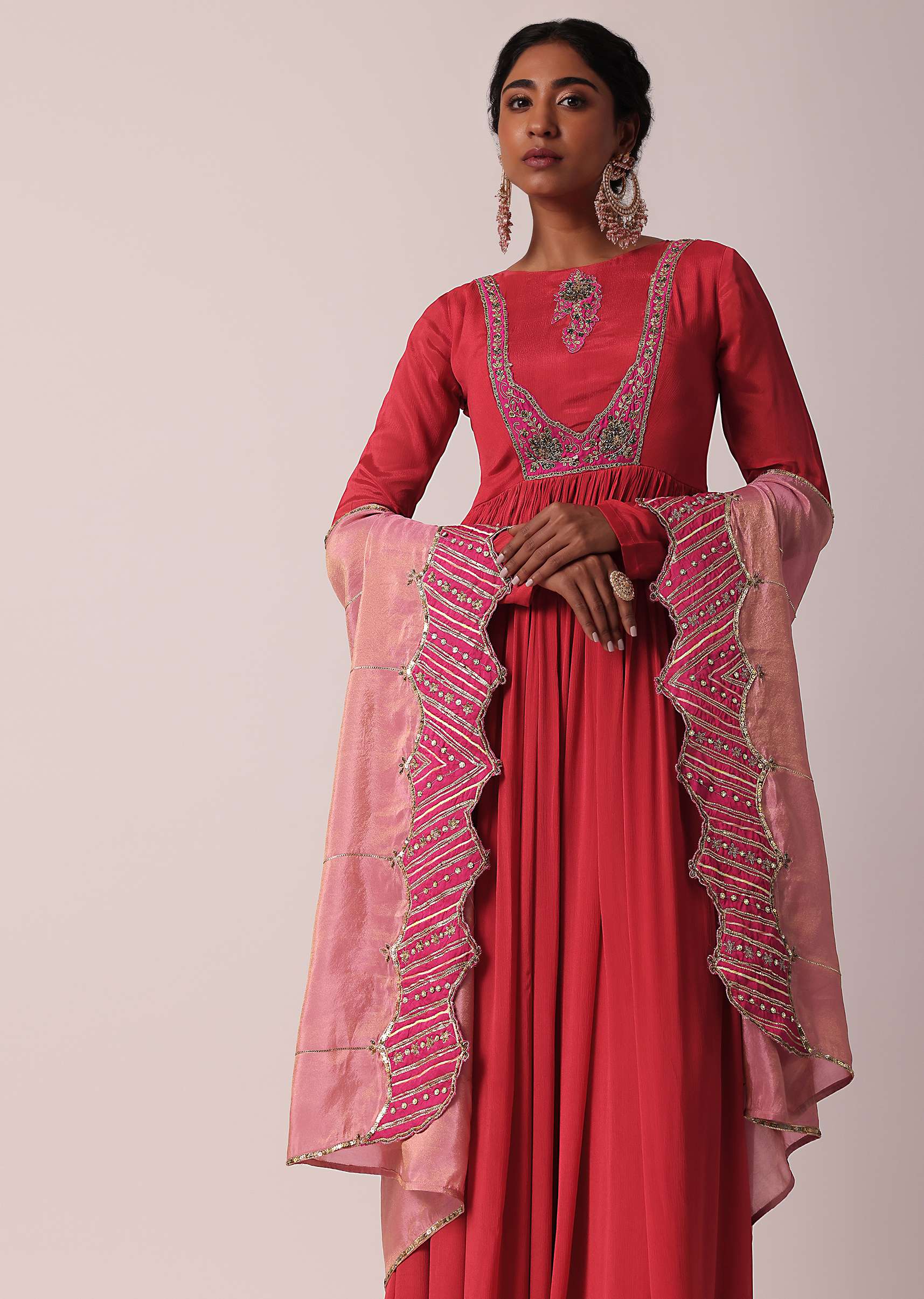 Red Embroidered Anarkali With Tissue Dupatta - Image 4