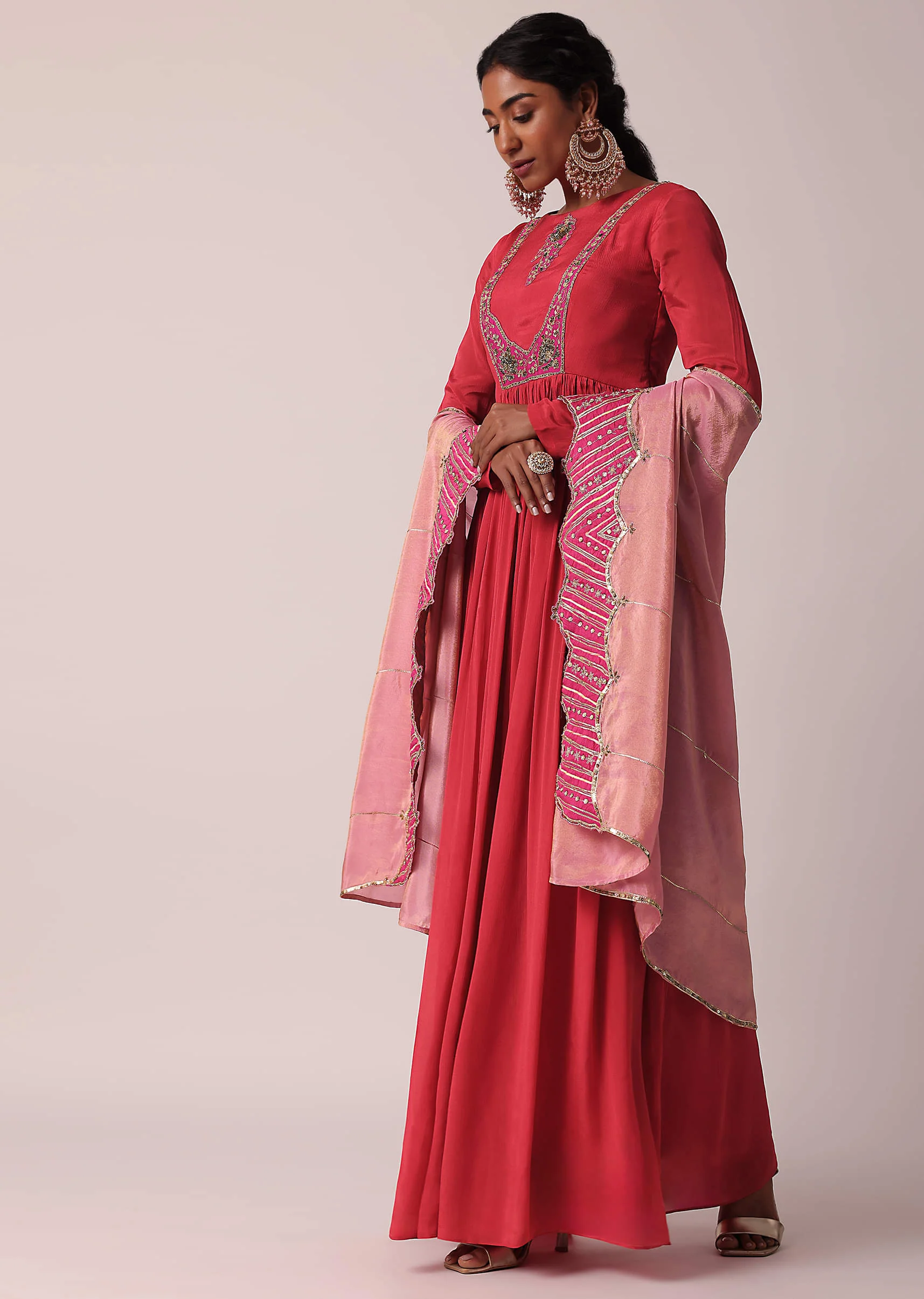Red Embroidered Anarkali With Tissue Dupatta - Image 6