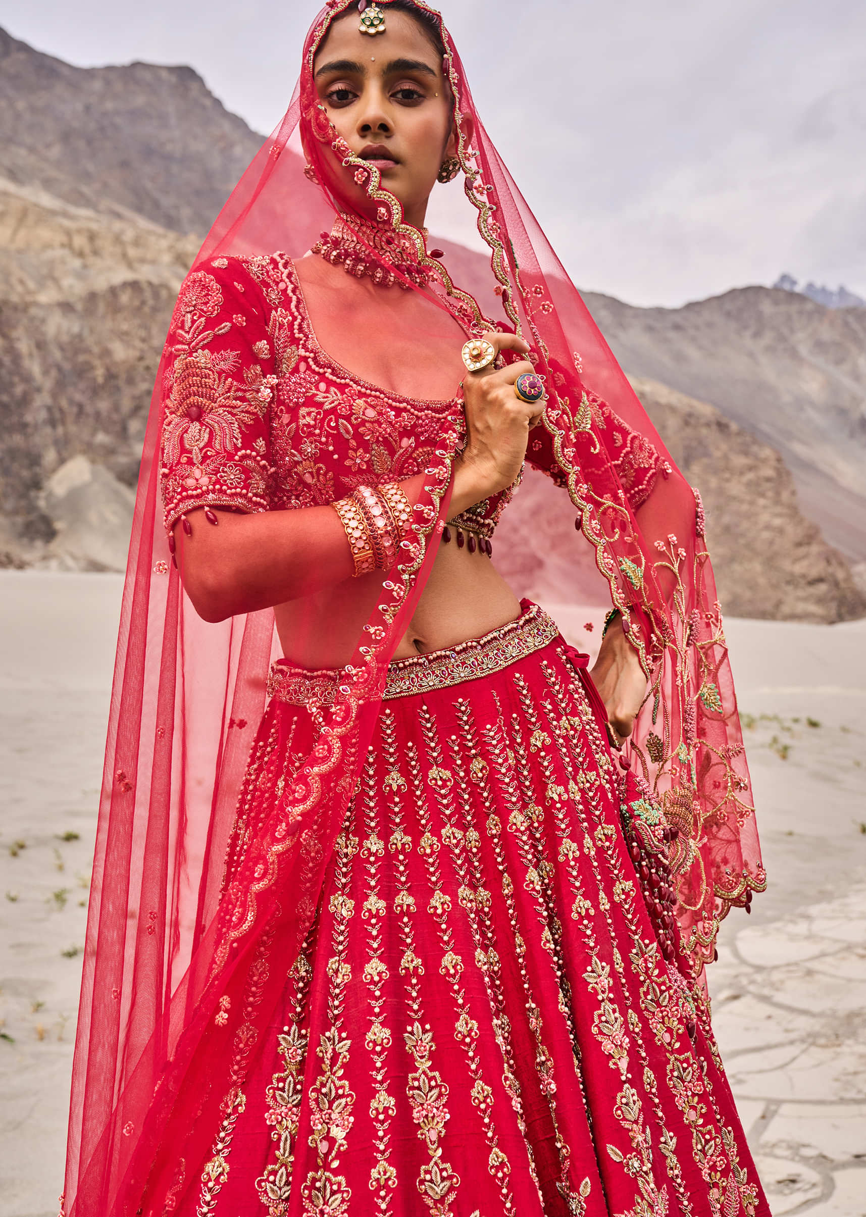 Red Embroidered Bridal Lehenga Blouse With Two Dupattas - Image 2