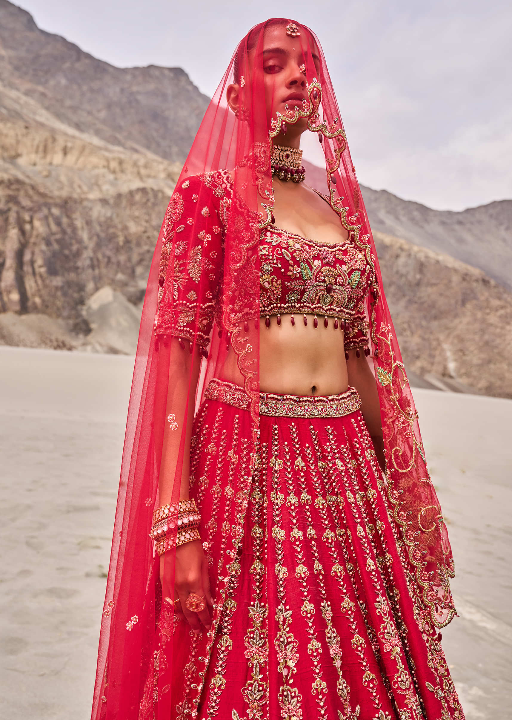 Red Embroidered Bridal Lehenga Blouse With Two Dupattas - Image 3