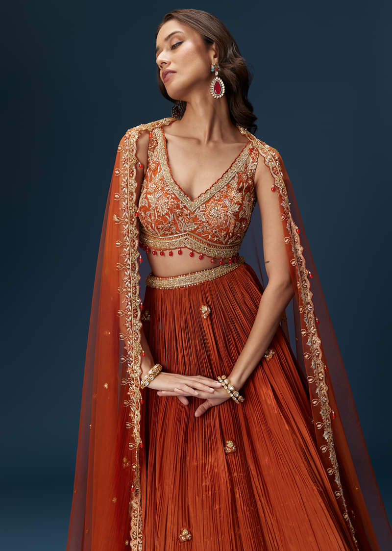 Red Embroidered Bridesmaid Lehenga With Dupatta - Image 4