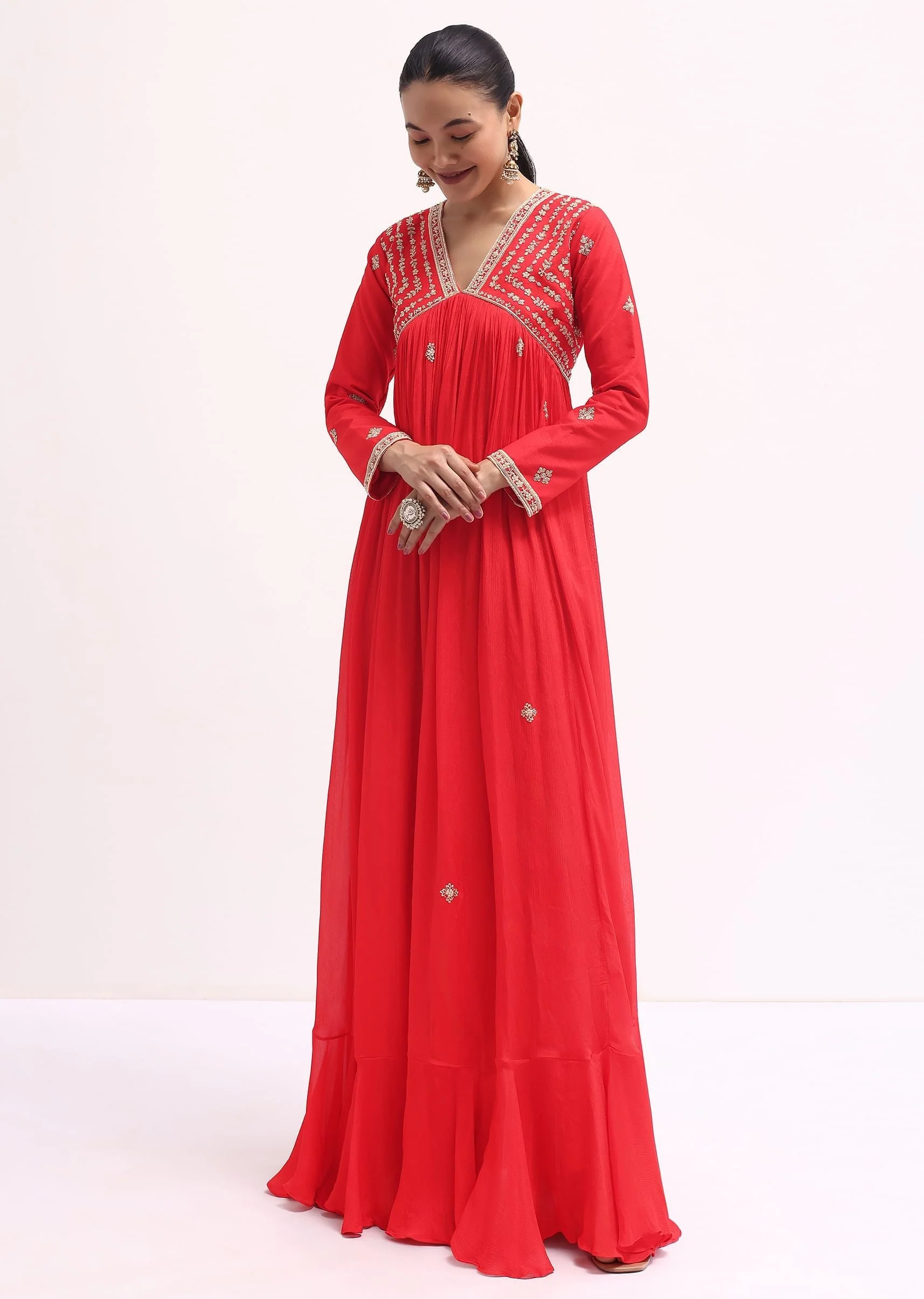 Red Embroidered Chiffon Gown - Image 3