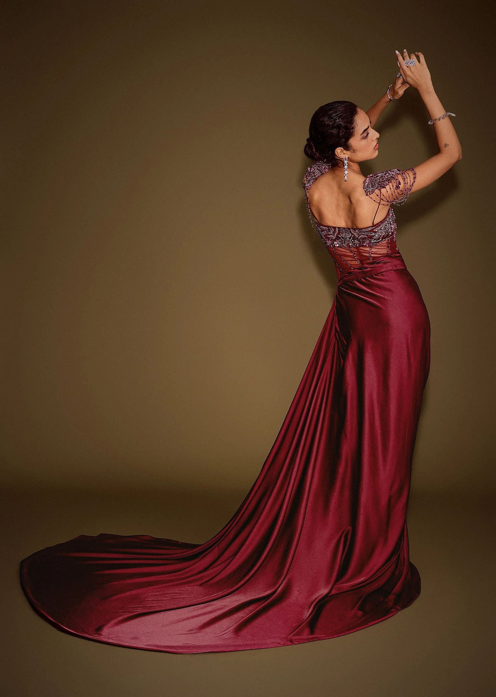 Red Embroidered Corset Gown With Attached Tassel Cape - Image 5