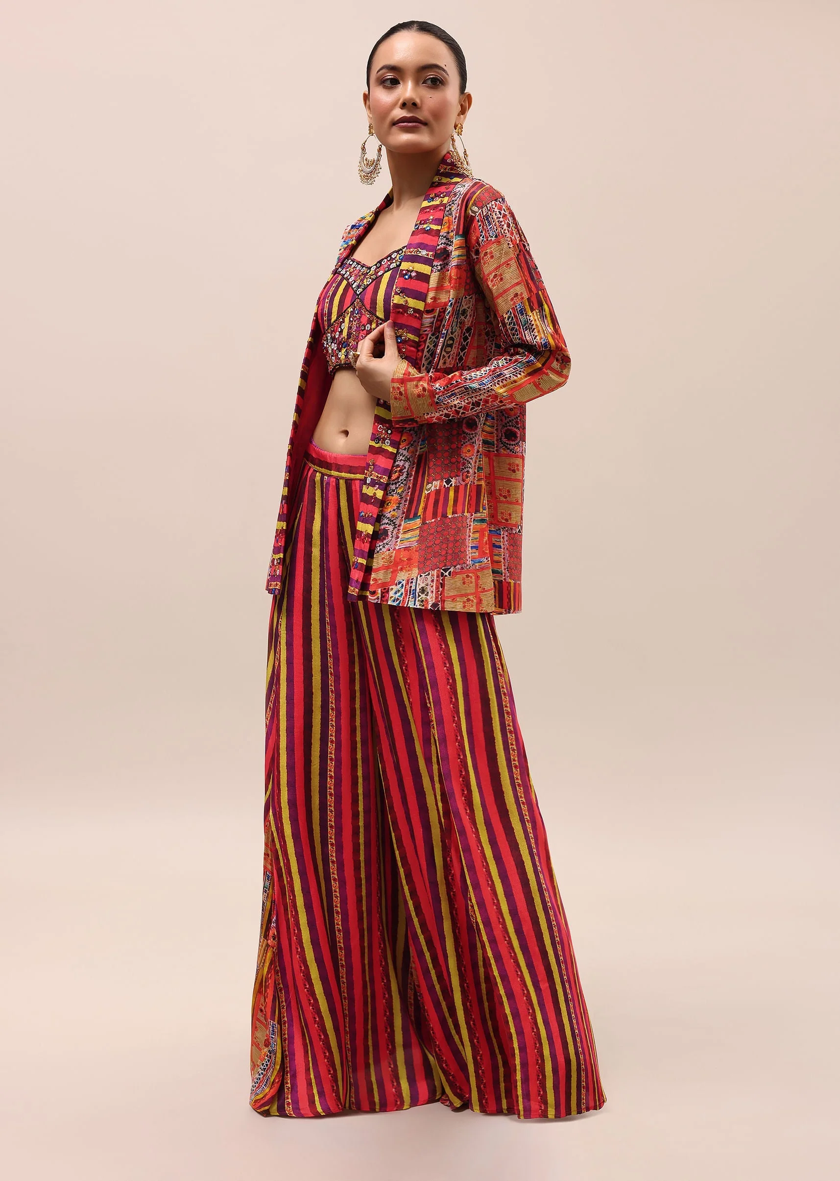 Red Embroidered Crepe Crop Top And Palazzo Set - Image 3
