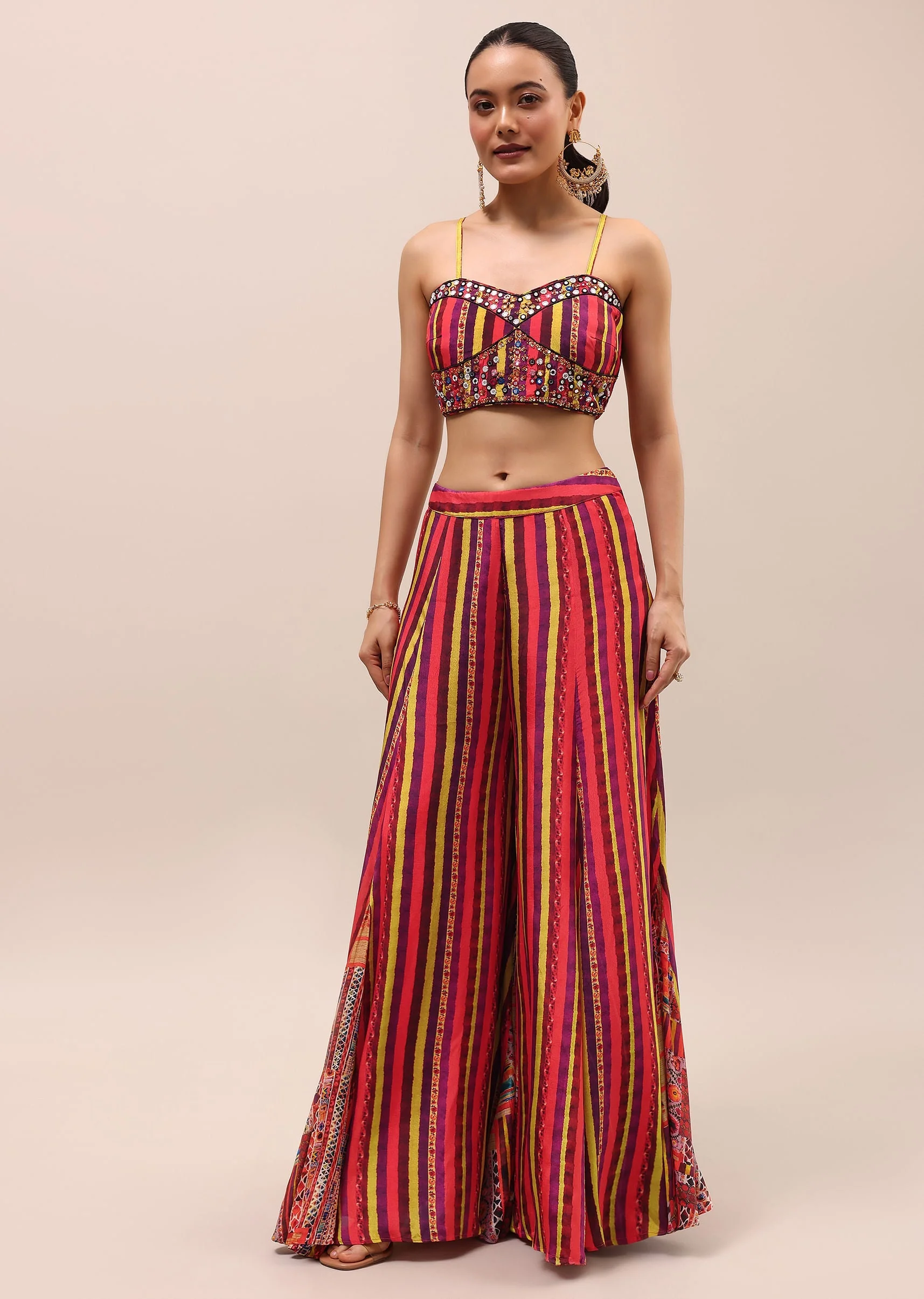 Red Embroidered Crepe Crop Top And Palazzo Set - Image 5