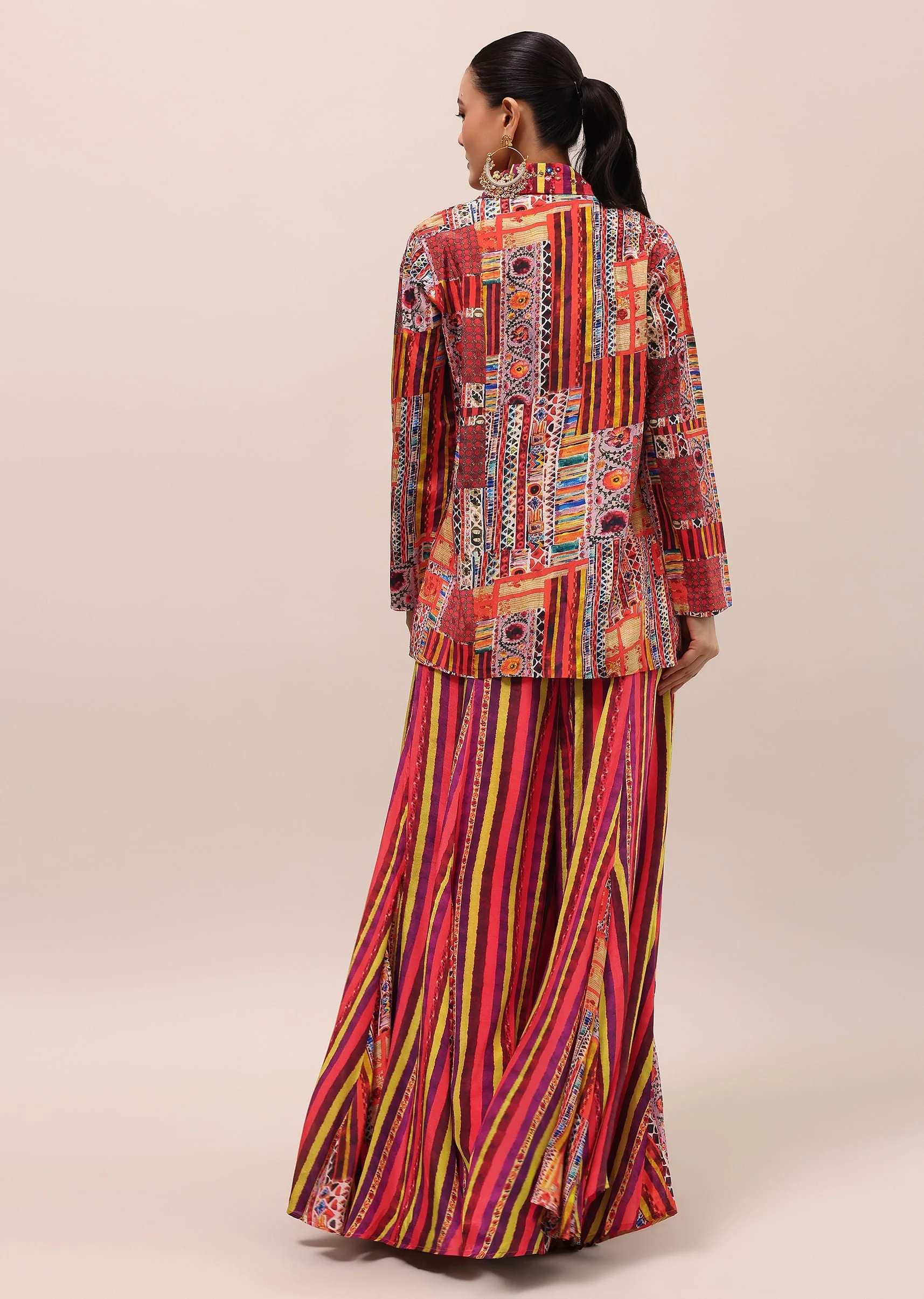 Red Embroidered Crepe Crop Top And Palazzo Set - Image 6