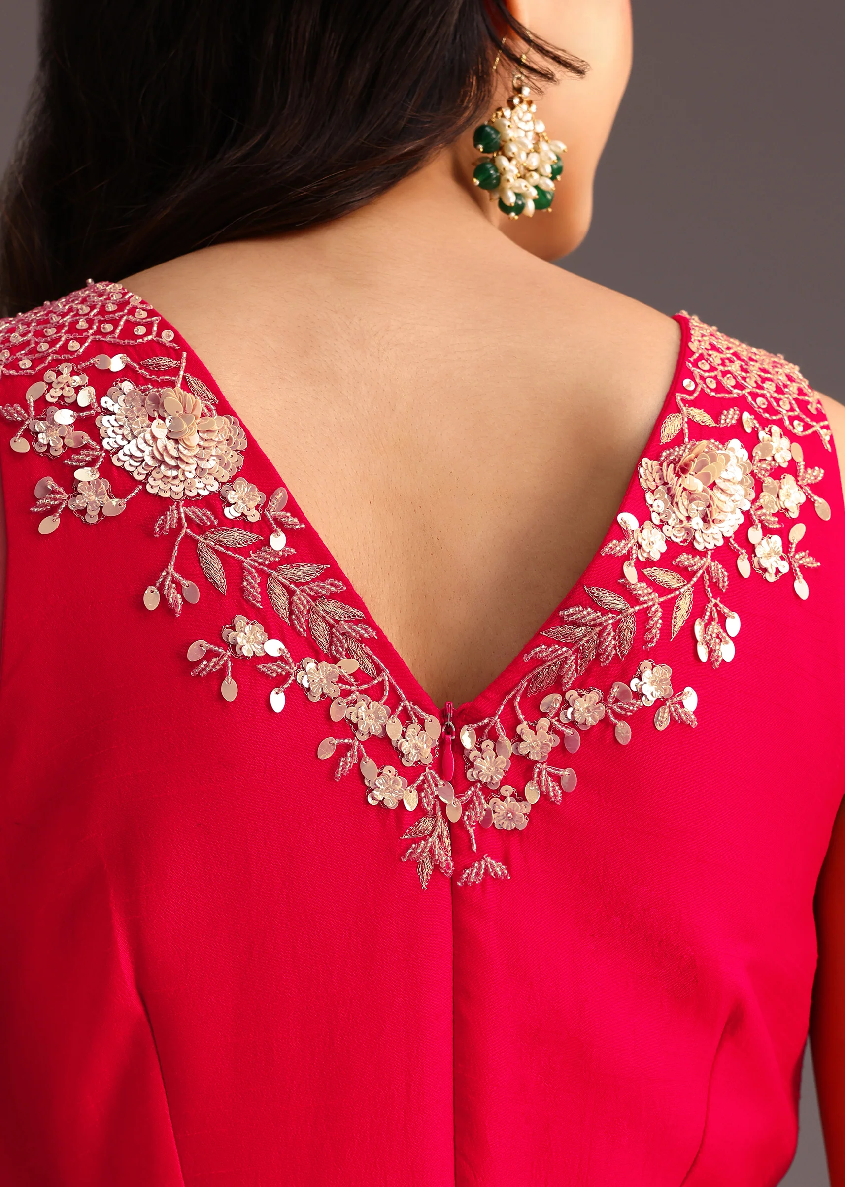 Red Embroidered Jumpsuit With Belt - Image 5
