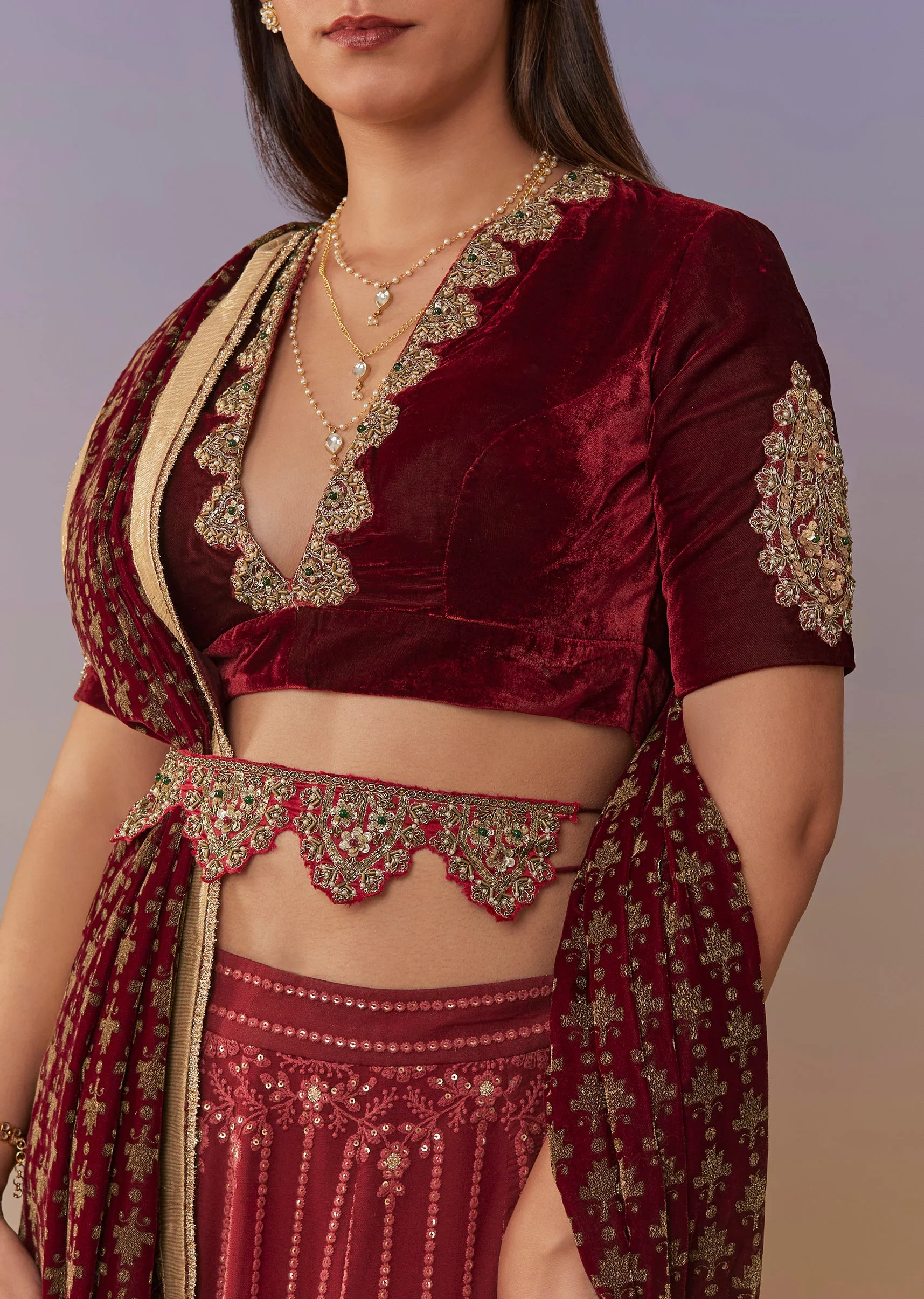 Red Embroidered Lehenga Set With Velvet Blouse And Statement Belt - Image 3