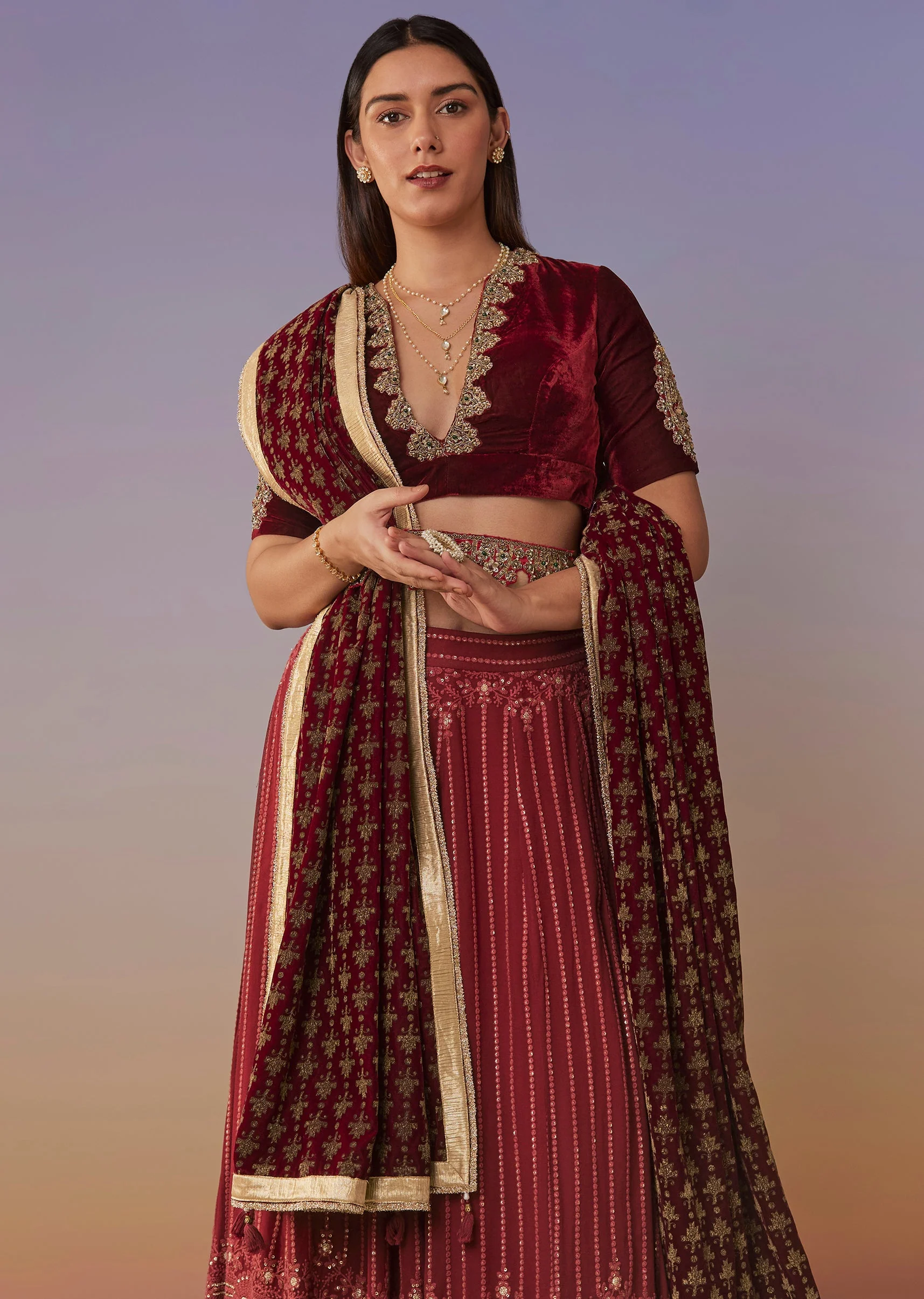 Red Embroidered Lehenga Set With Velvet Blouse And Statement Belt - Image 5