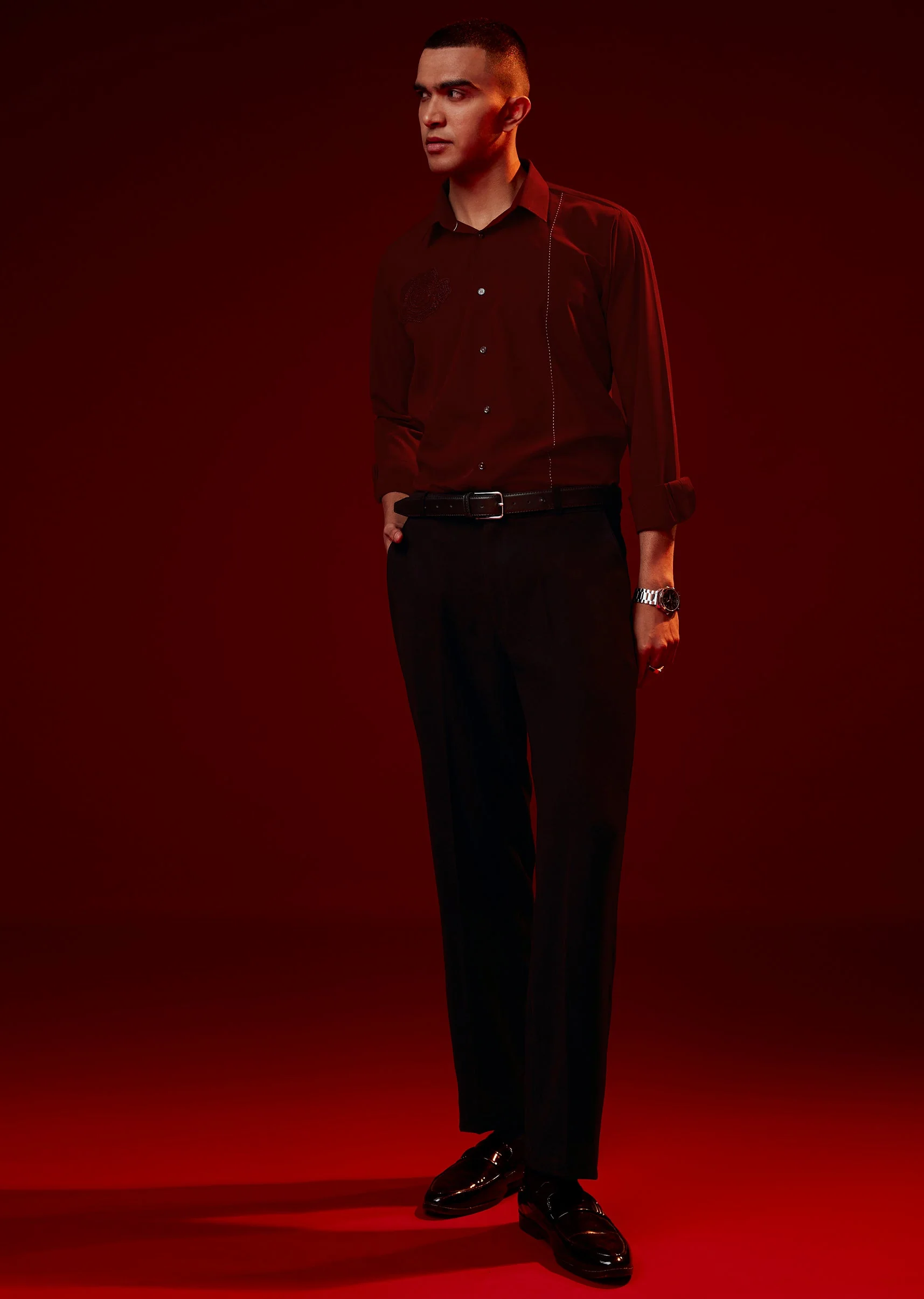 Red Embroidered Mandarin Collar Shirt
