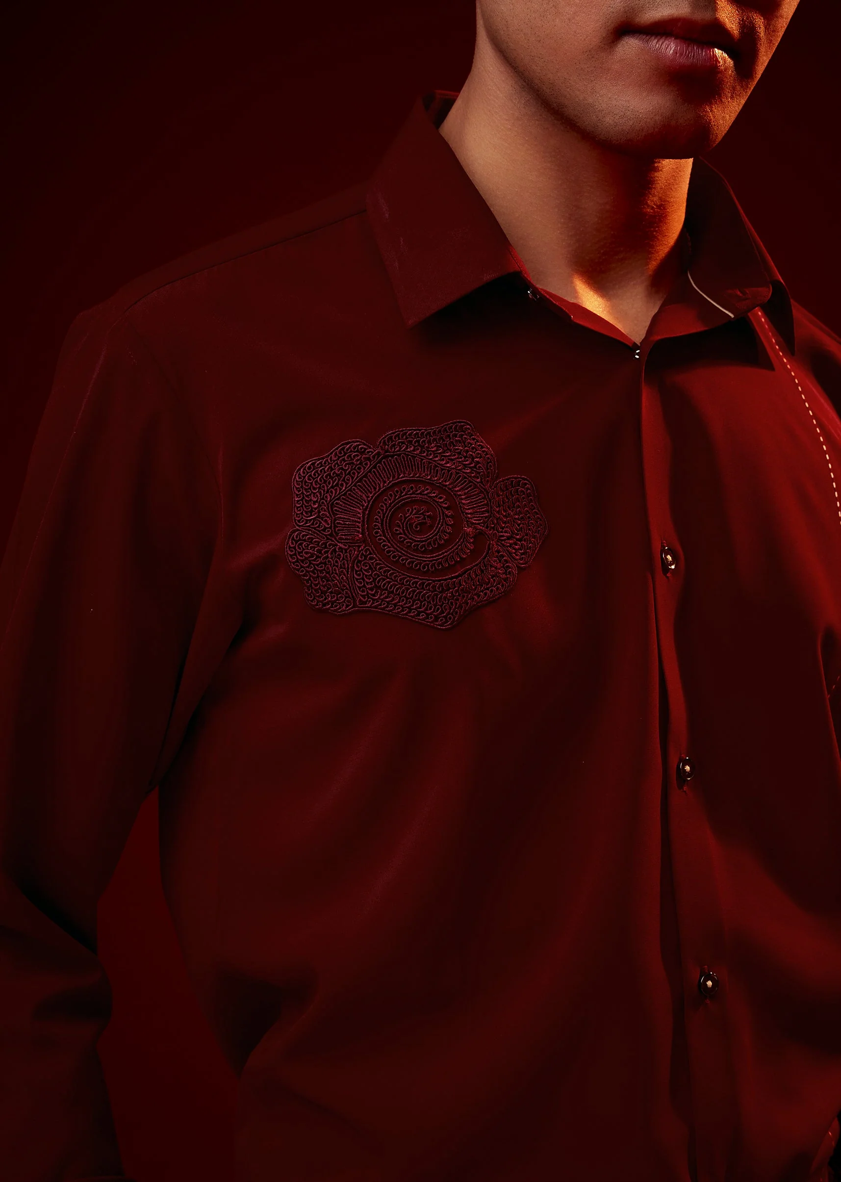 Red Embroidered Mandarin Collar Shirt - Image 2