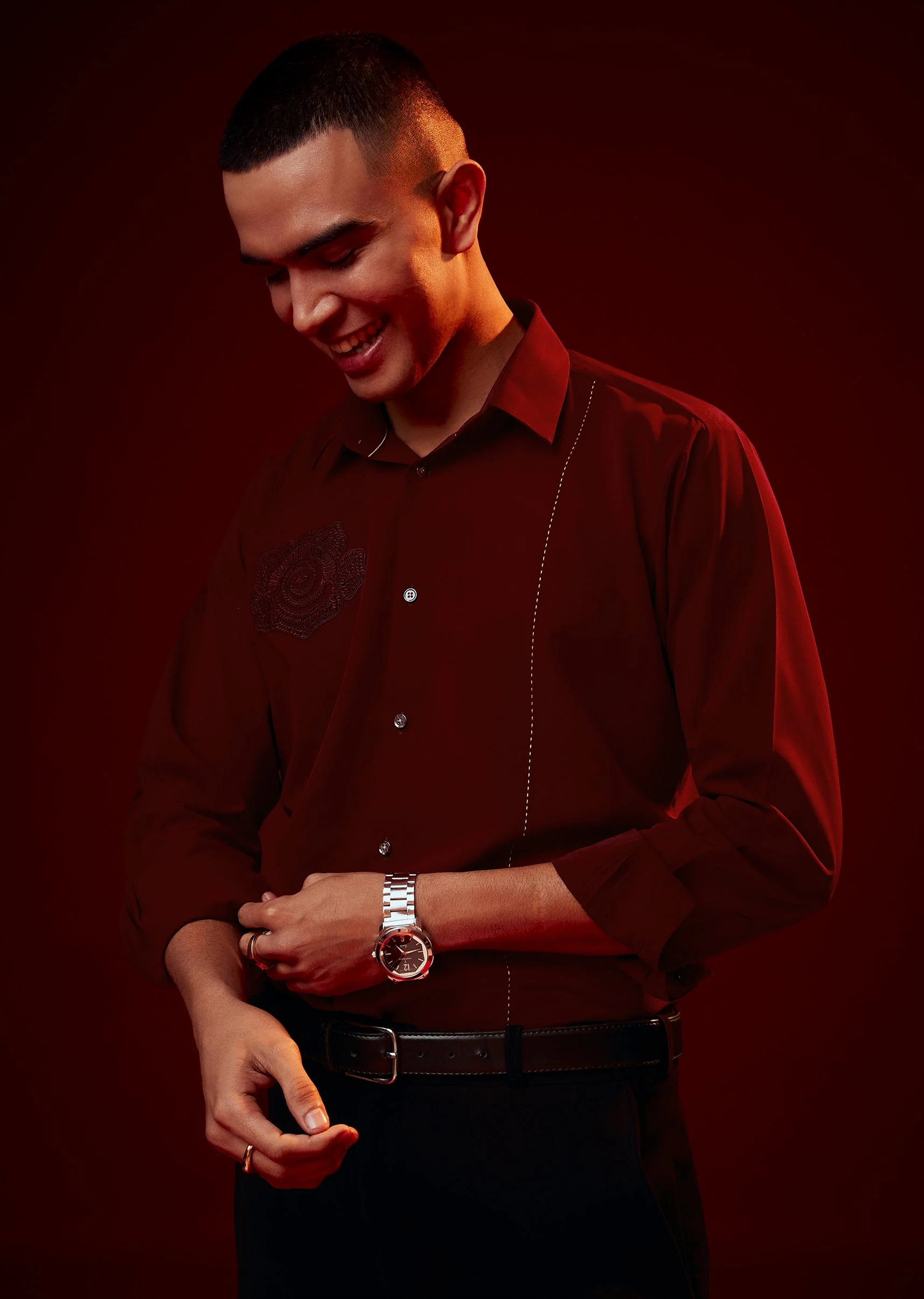 Red Embroidered Mandarin Collar Shirt - Image 3