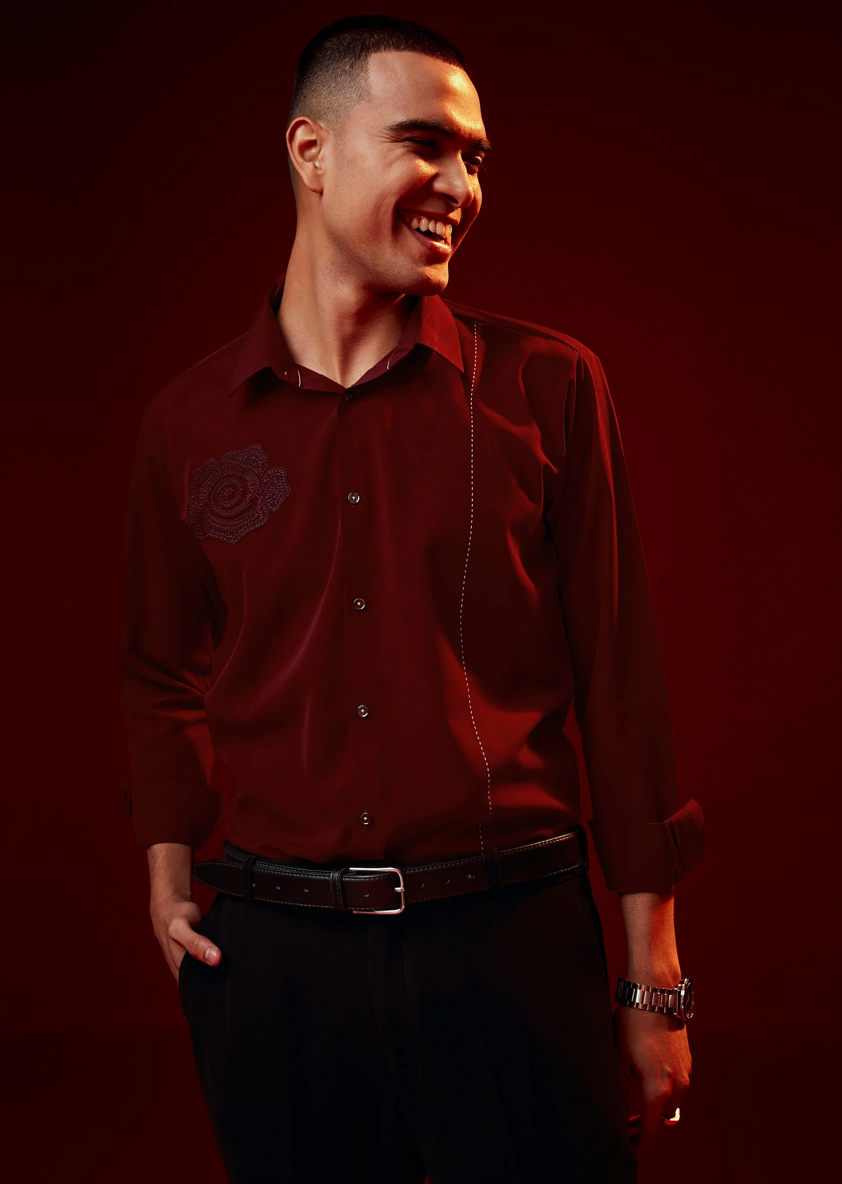 Red Embroidered Mandarin Collar Shirt - Image 4