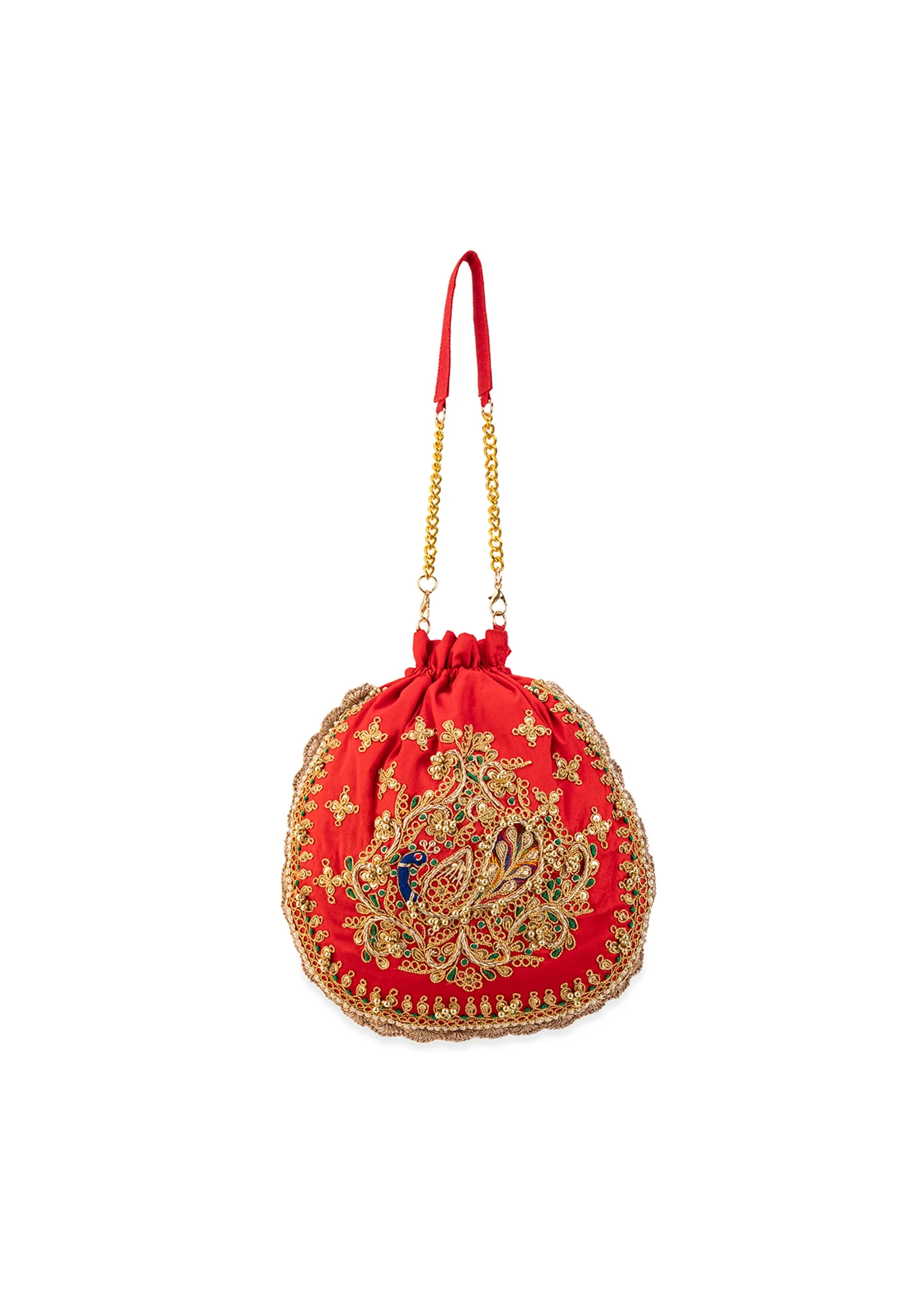 Red Embroidered Motif Potli Bag in Silk - Image 2