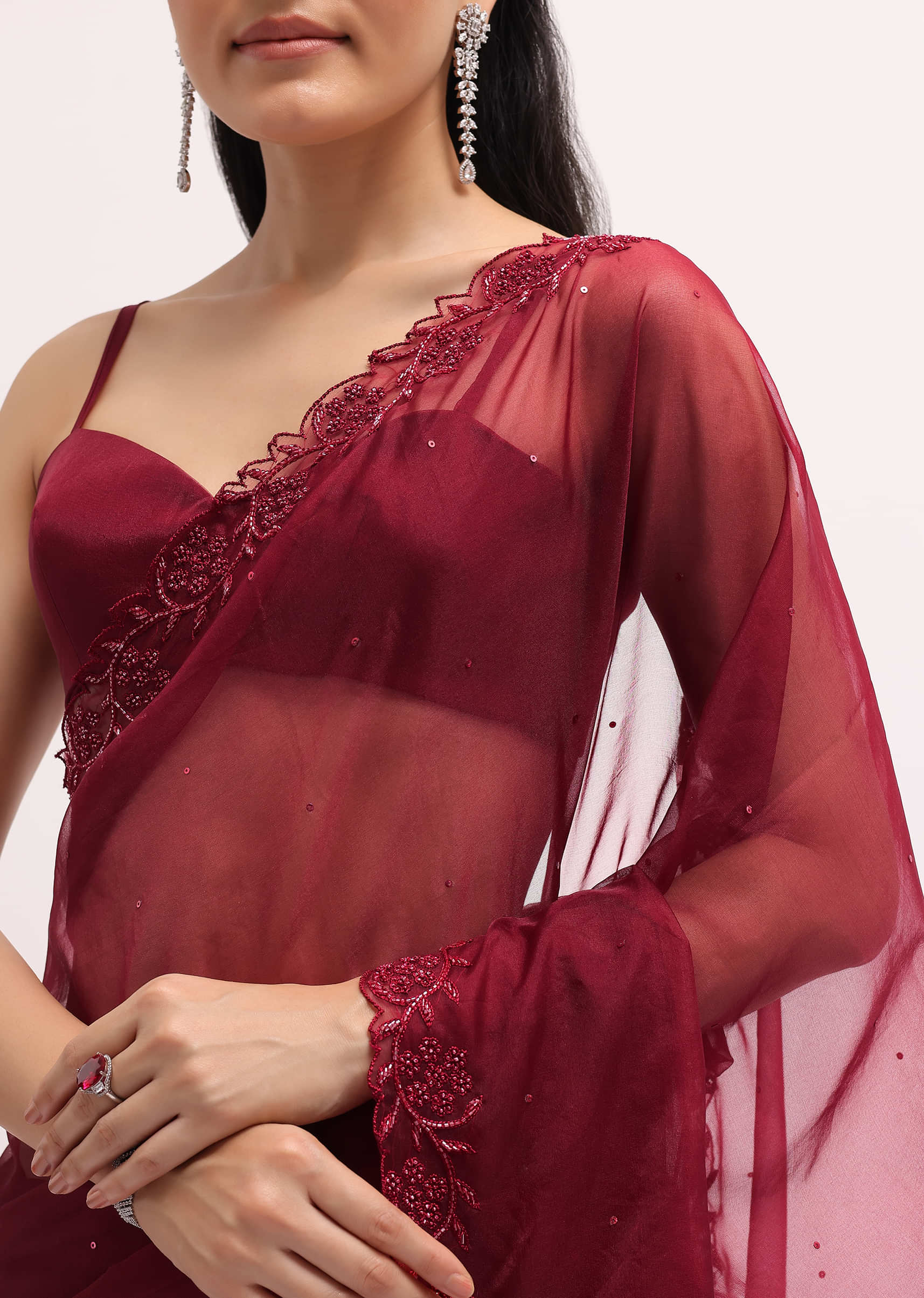 Red Embroidered Organza Saree With Unstitched Blouse - Image 3