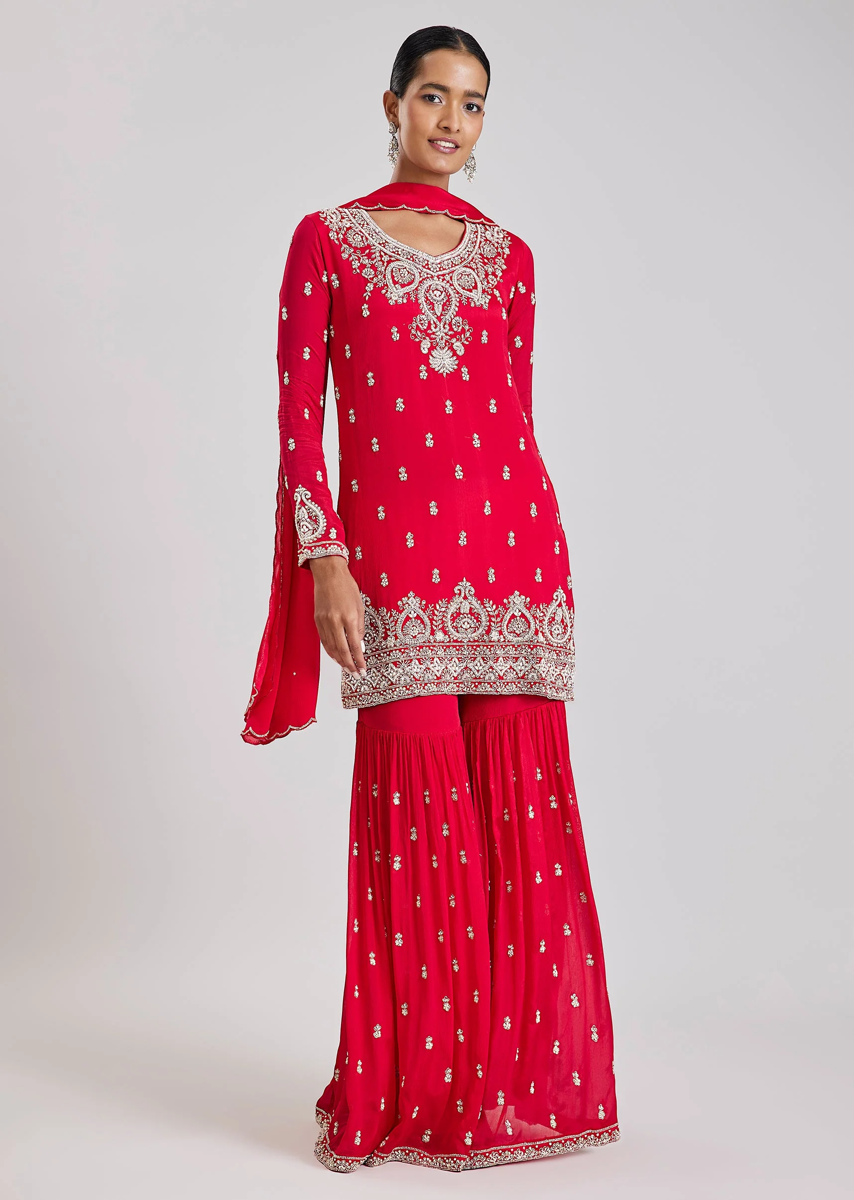 Red Embroidered Sharara Set