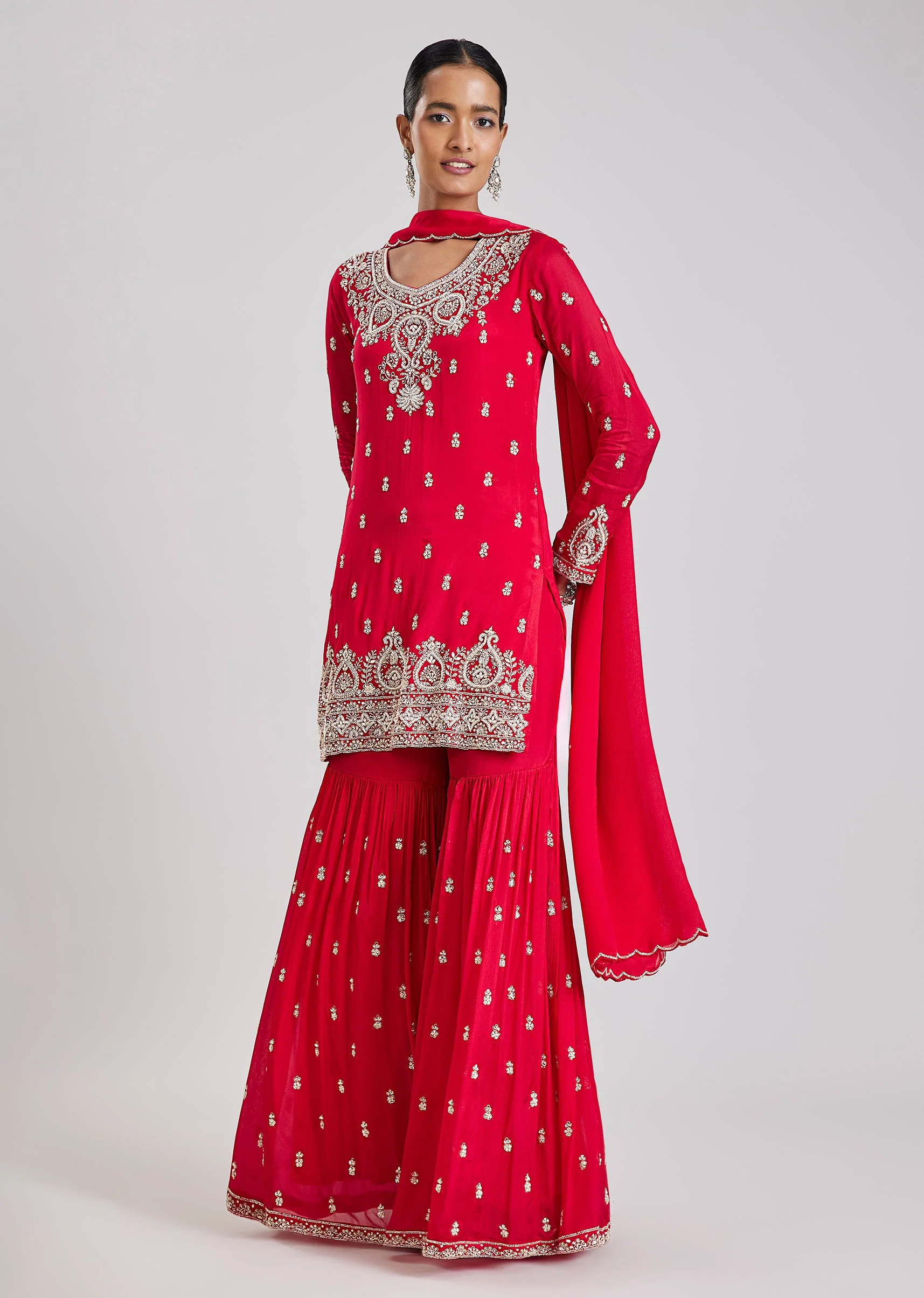 Red Embroidered Sharara Set - Image 3