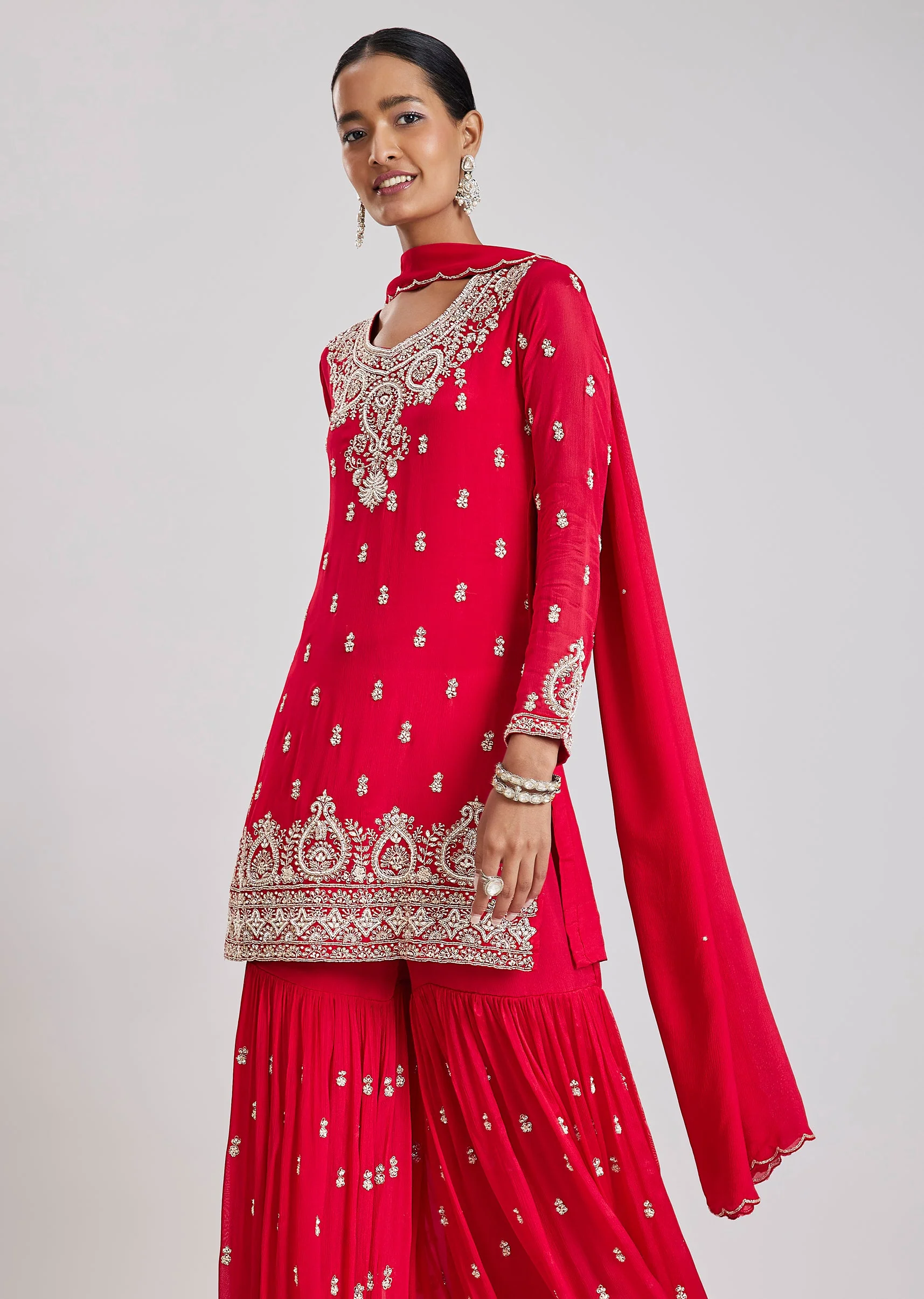 Red Embroidered Sharara Set - Image 4