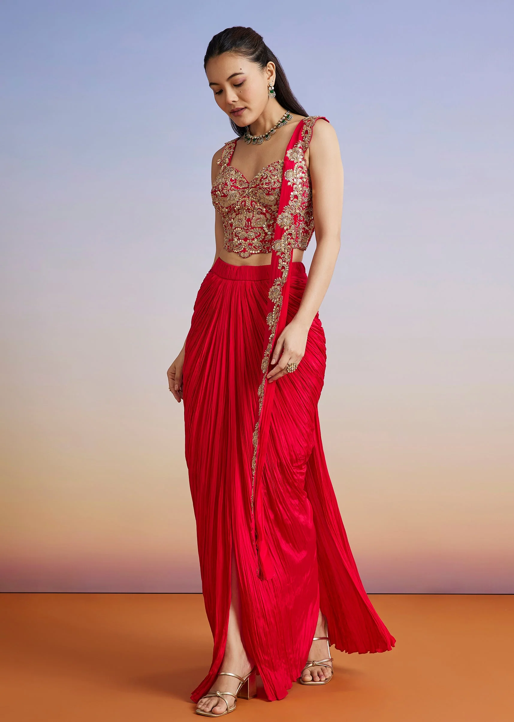 Red Embroidered Silk Blend Drape Skirt Set
