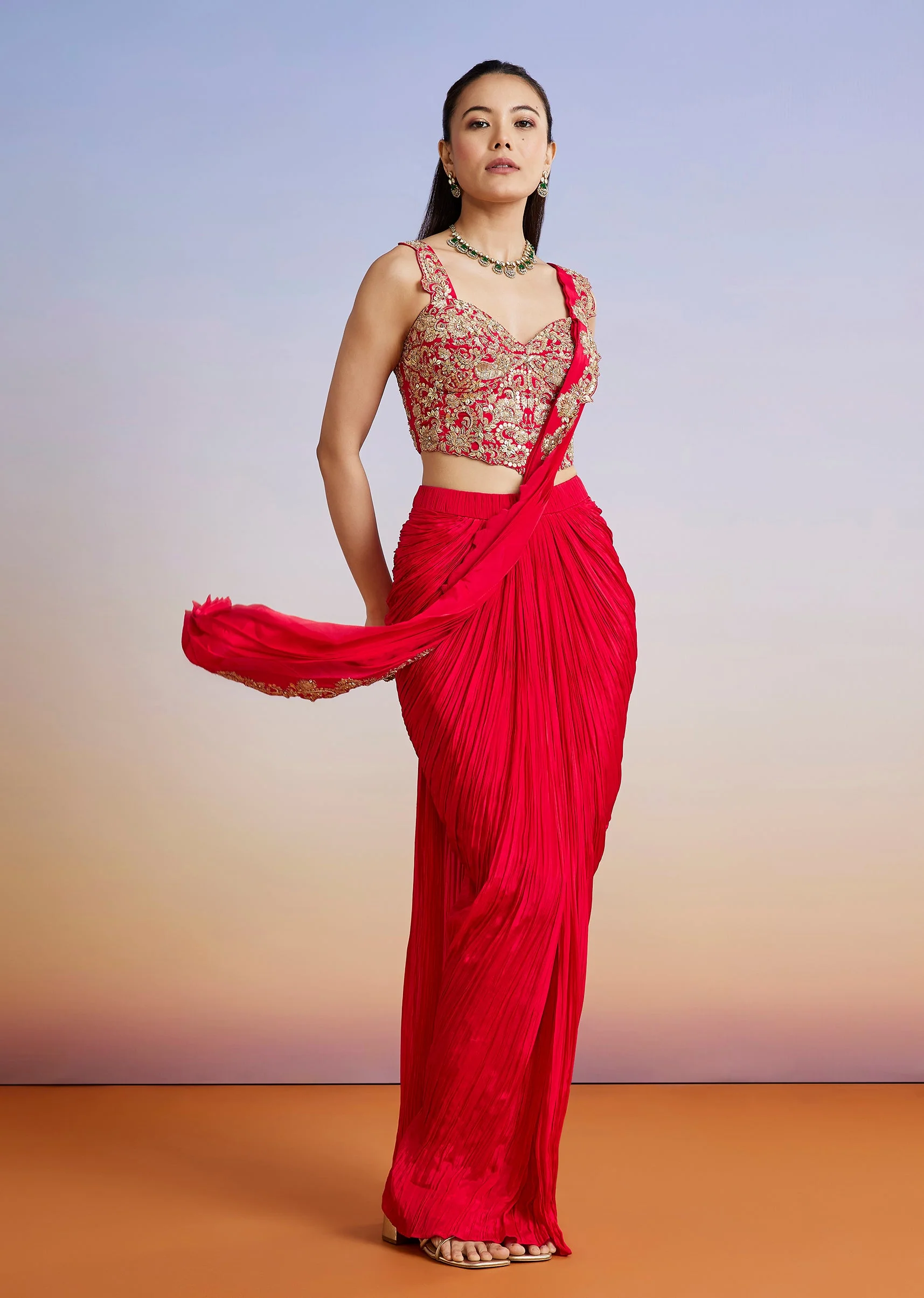 Red Embroidered Silk Blend Drape Skirt Set - Image 3