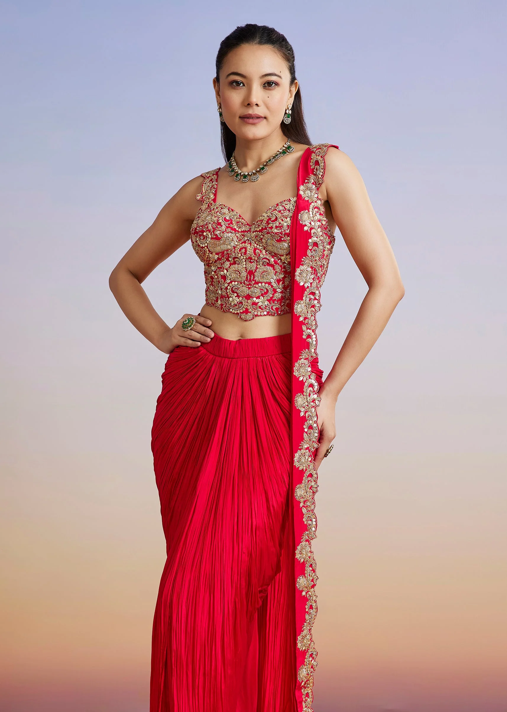 Red Embroidered Silk Blend Drape Skirt Set - Image 4