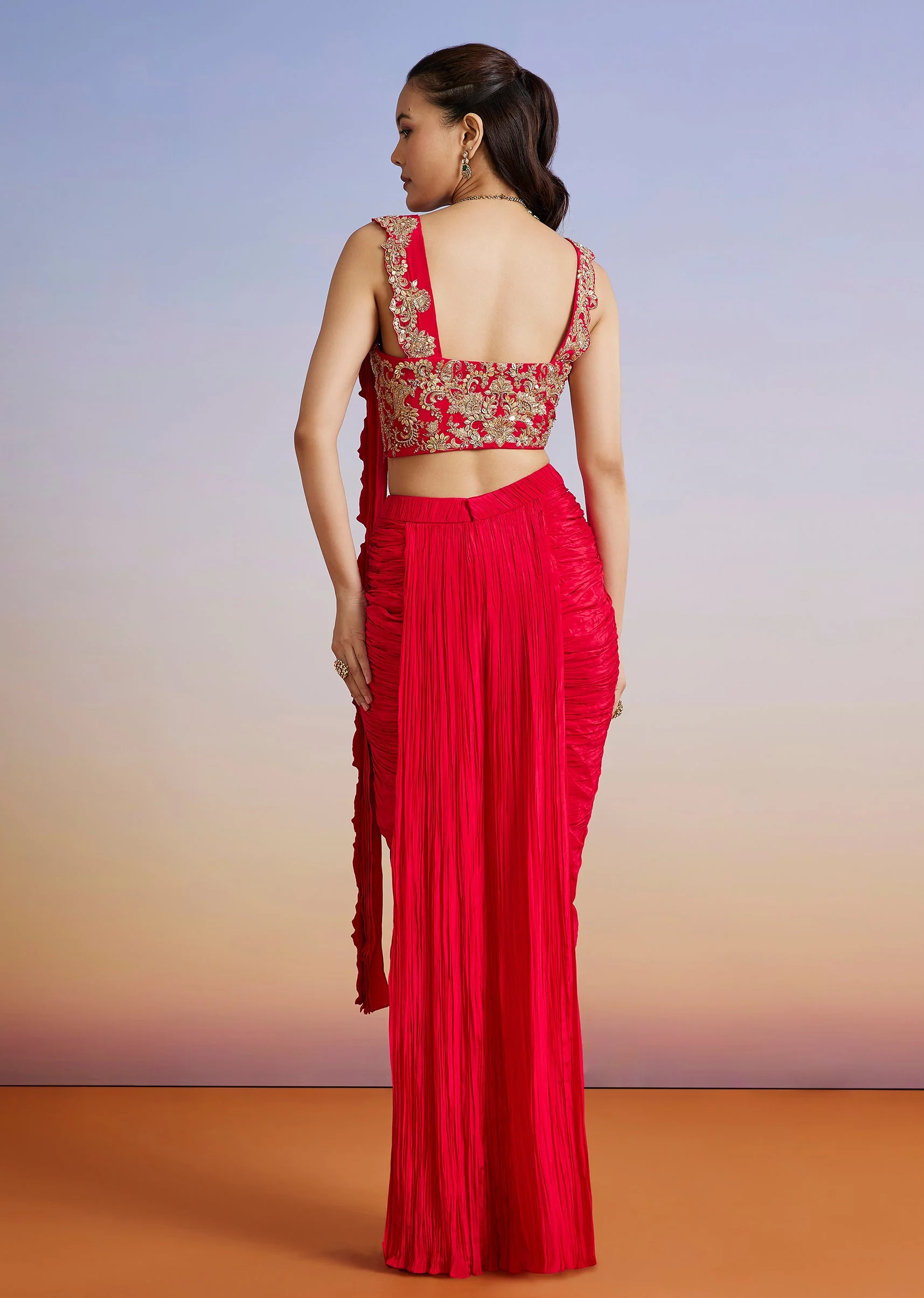 Red Embroidered Silk Blend Drape Skirt Set - Image 5
